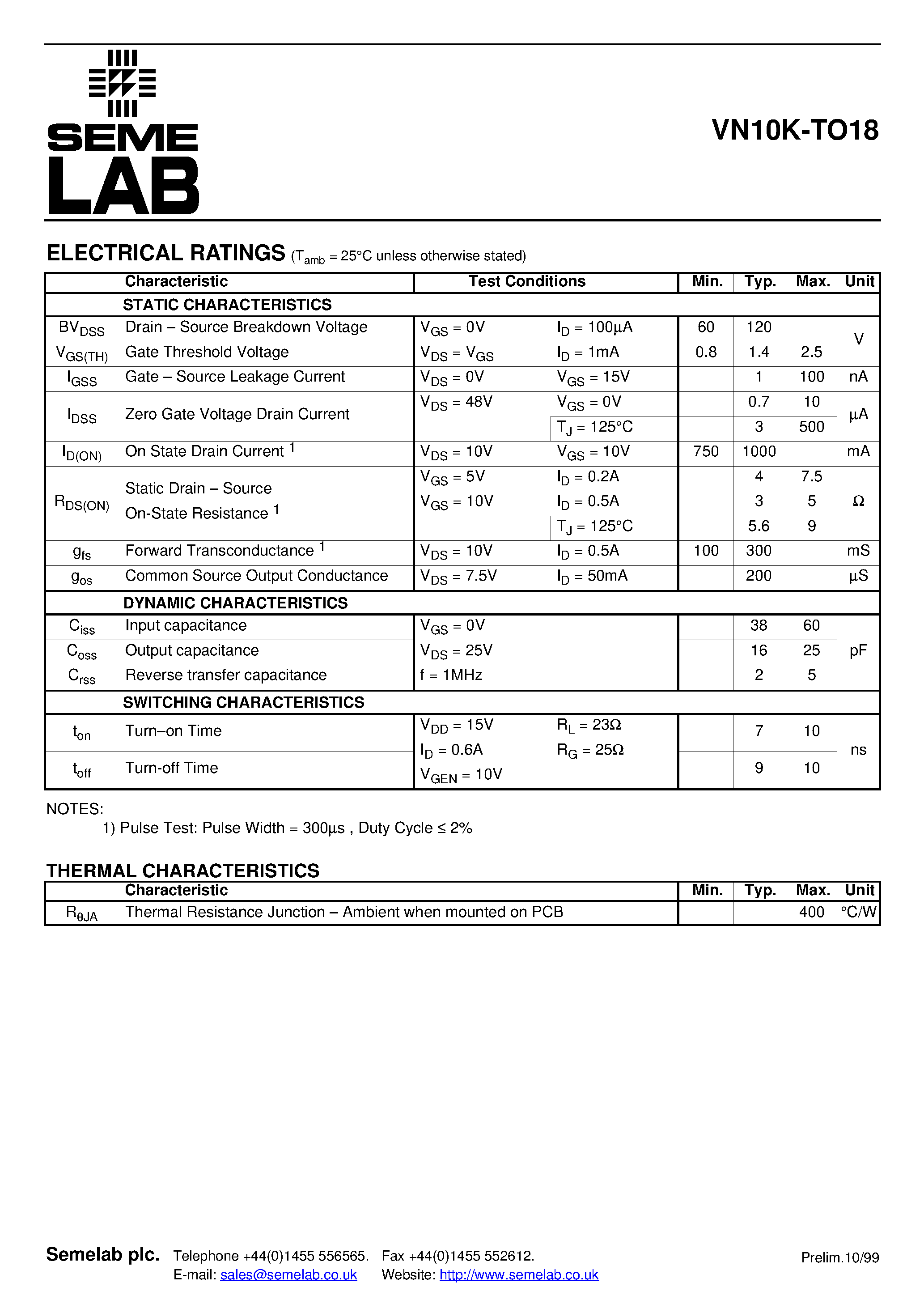 Datasheet VN10K-TO18 - N-CHANNEL ENHANCEMENT MODE MOSFET page 2