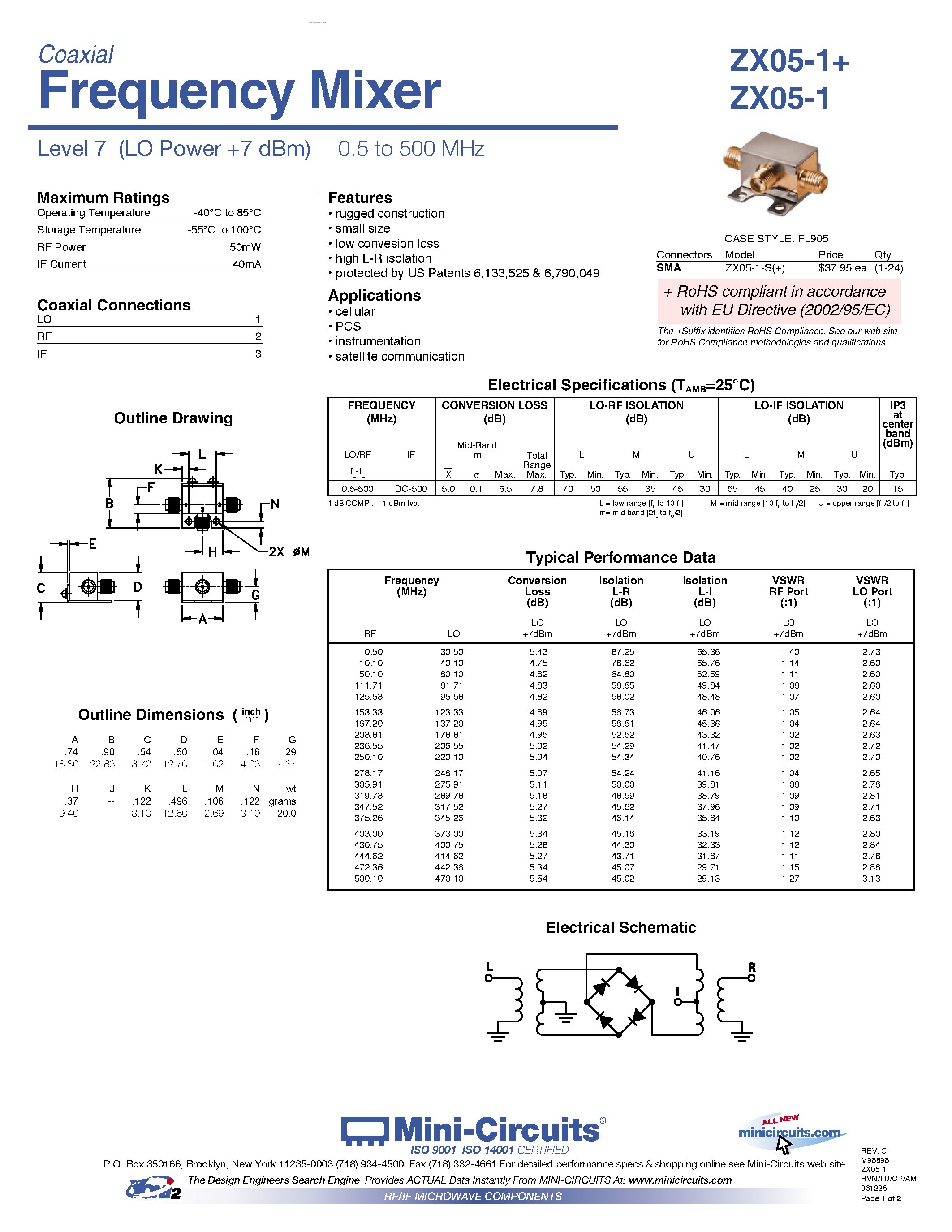 Datasheet ZX05-1 page 1 Datasheet ZX05-1 - Frequency Mixer page 1