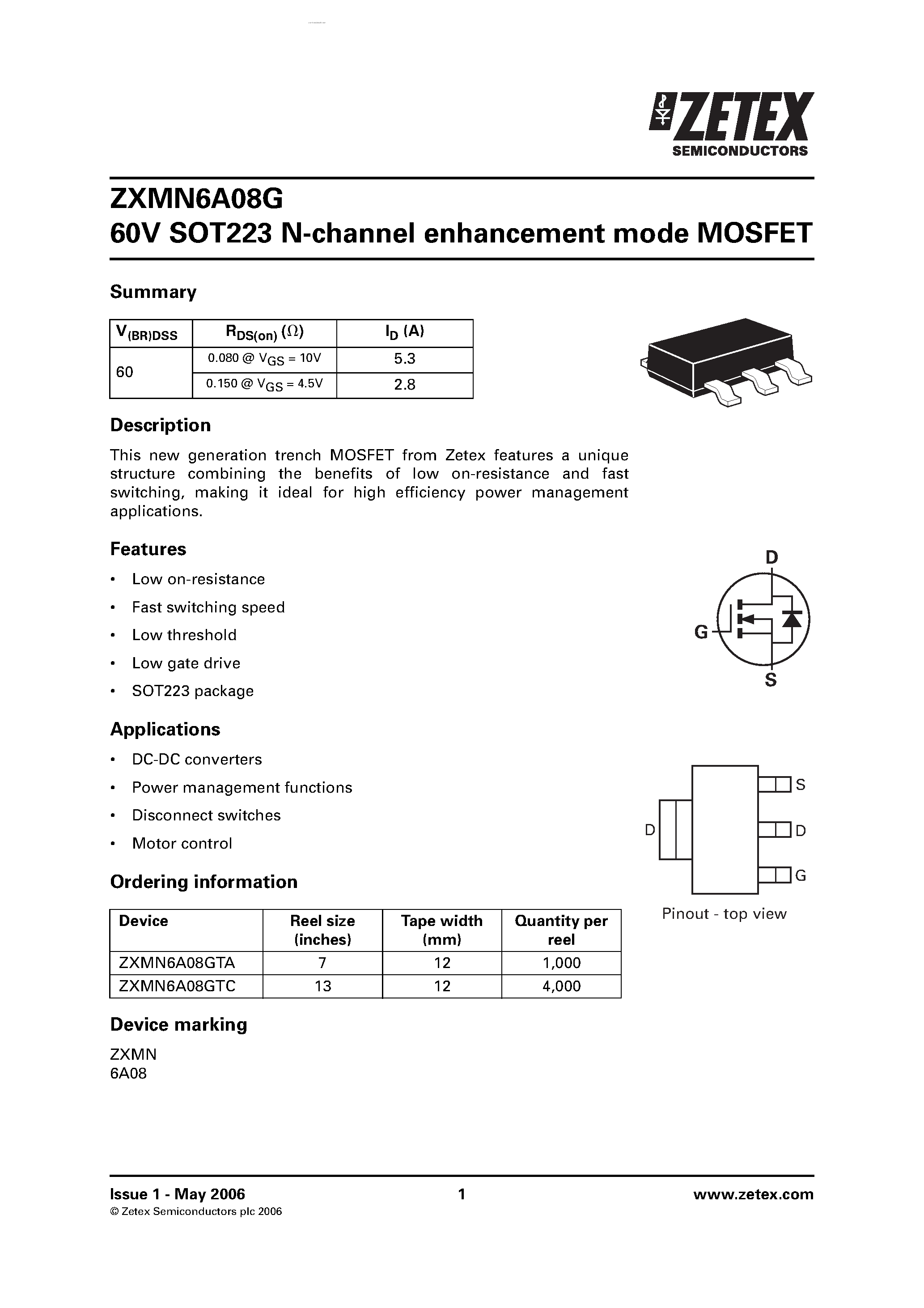 Даташит ZXMN6A08G - 60V SOT223 N-channel enhancement mode MOSFET страница 1