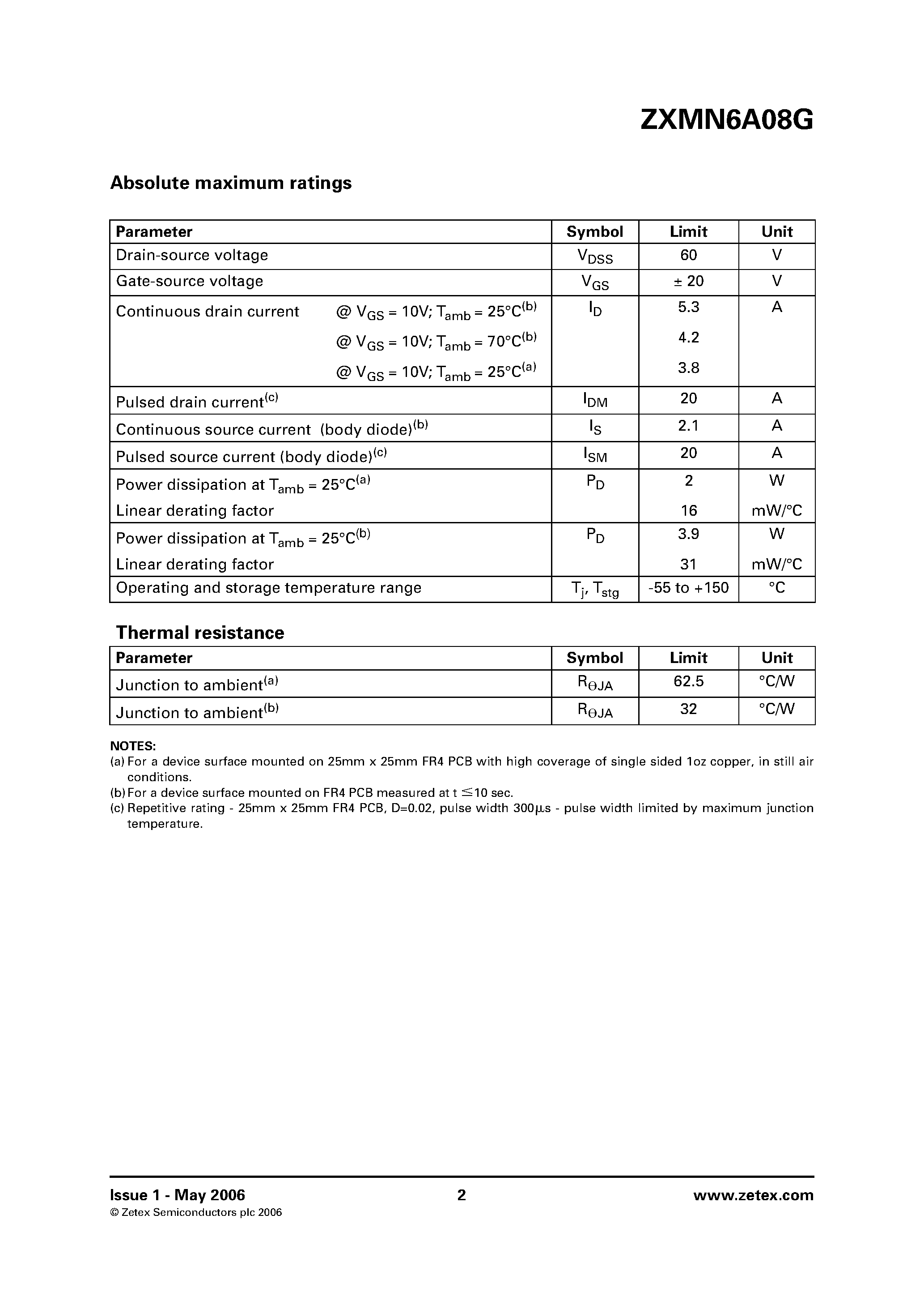 Datasheet ZXMN6A08G - 60V SOT223 N-channel enhancement mode MOSFET page 2