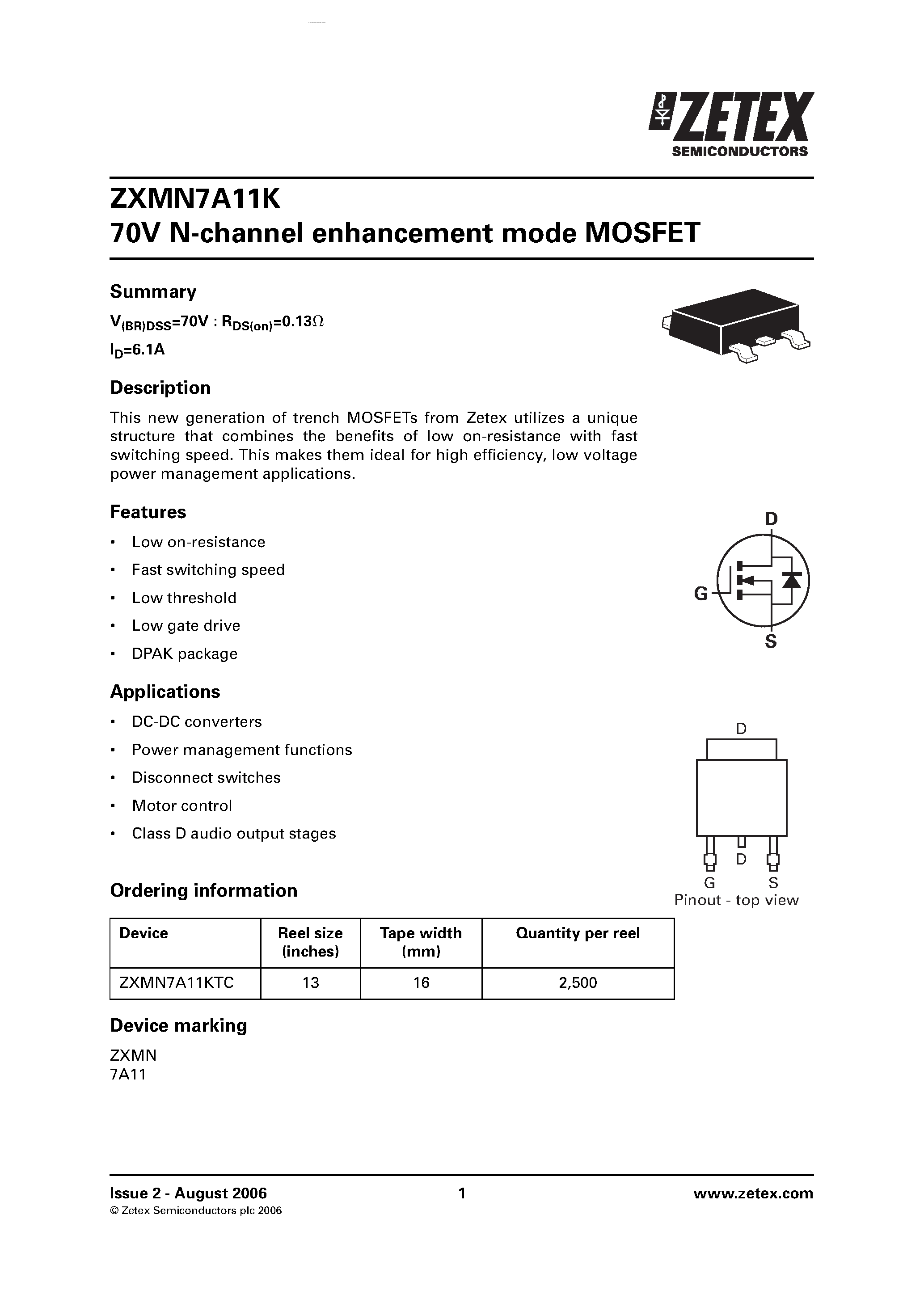 Даташит ZXMN7A11K - 70V N-channel enhancement mode MOSFET страница 1