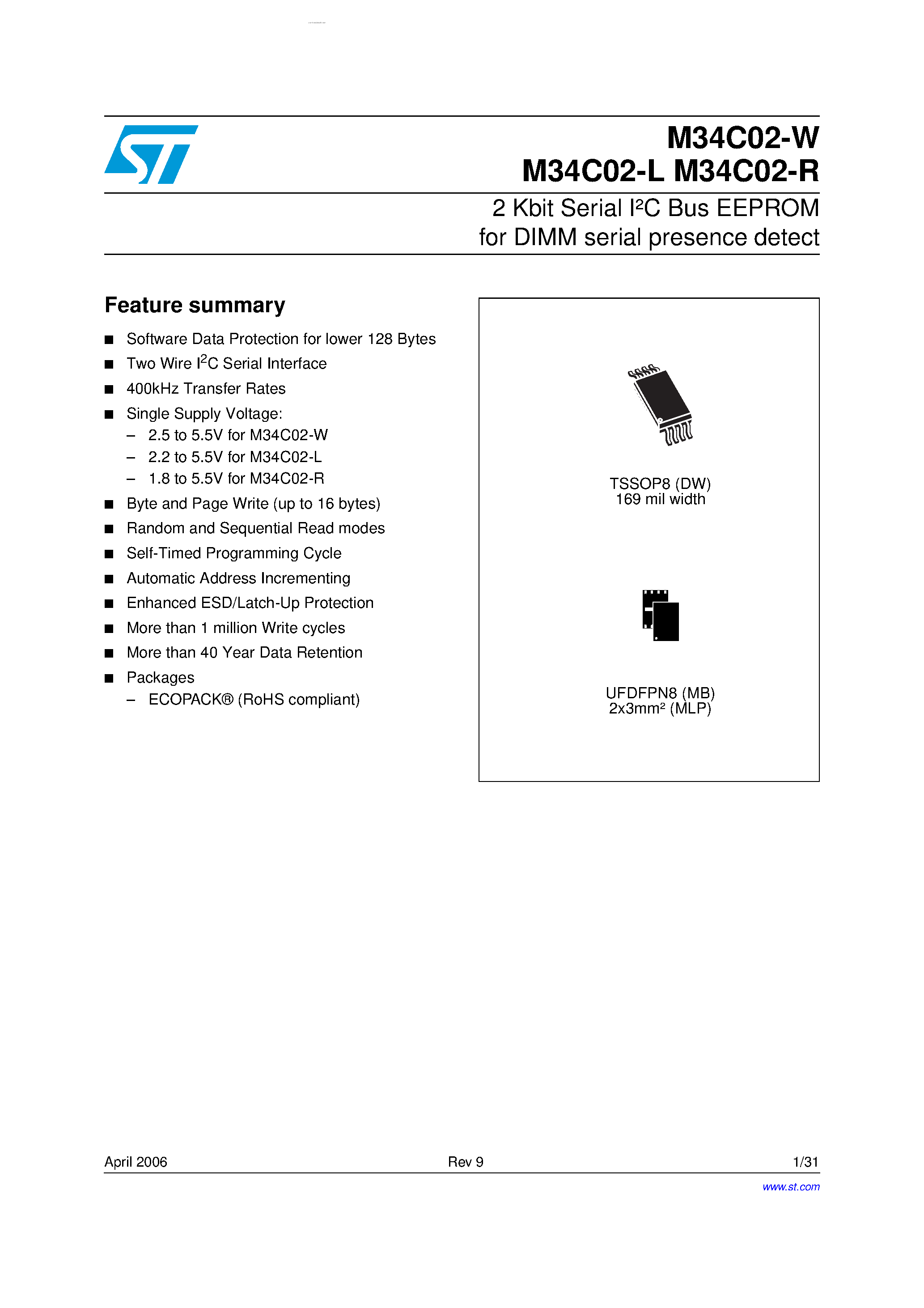 Datasheet M34C02-L page 1 Datasheet M34C02-L - (M34C02-x) EEPROM page 1