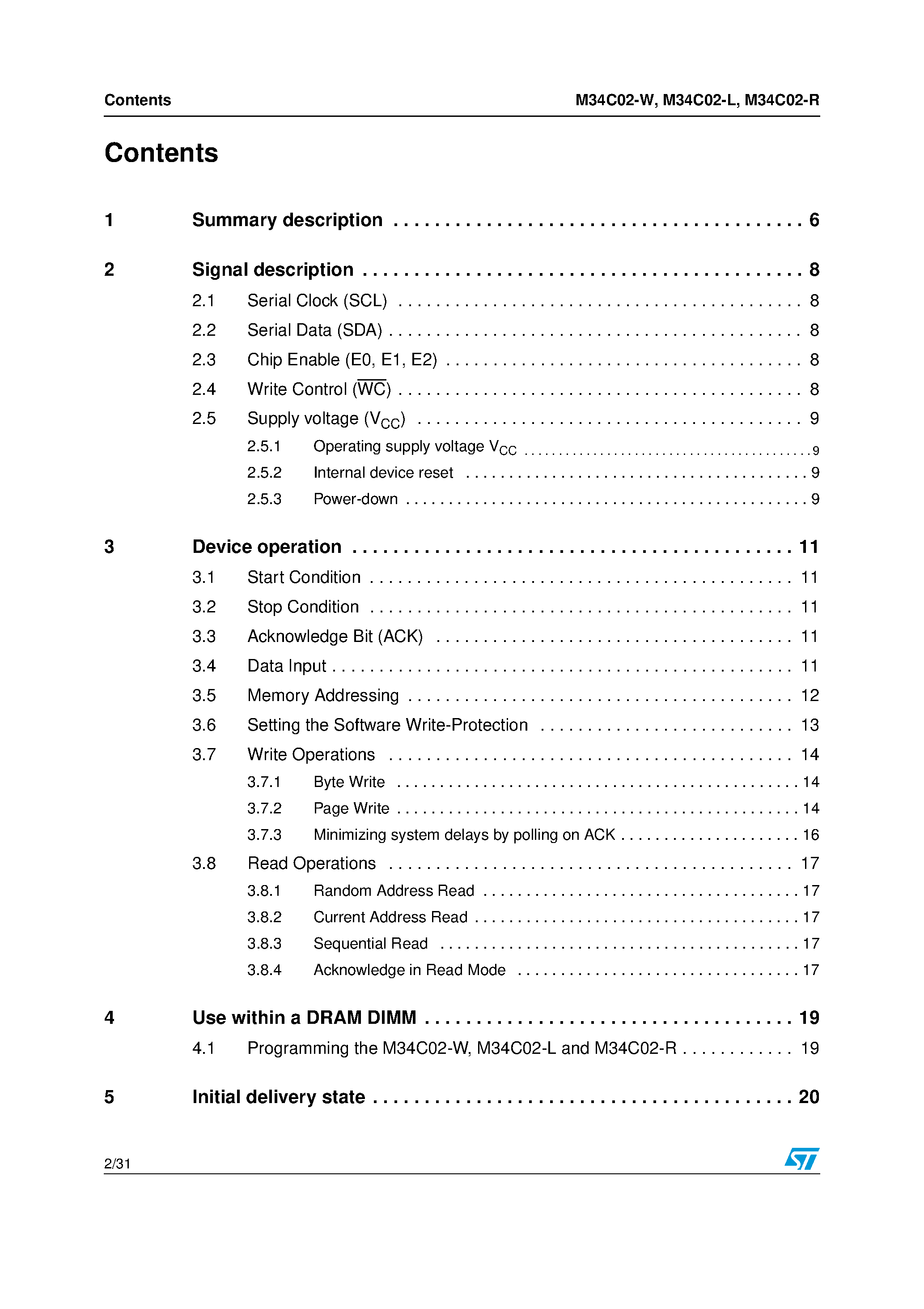Datasheet M34C02-L page 2 Datasheet M34C02-L - (M34C02-x) EEPROM page 2