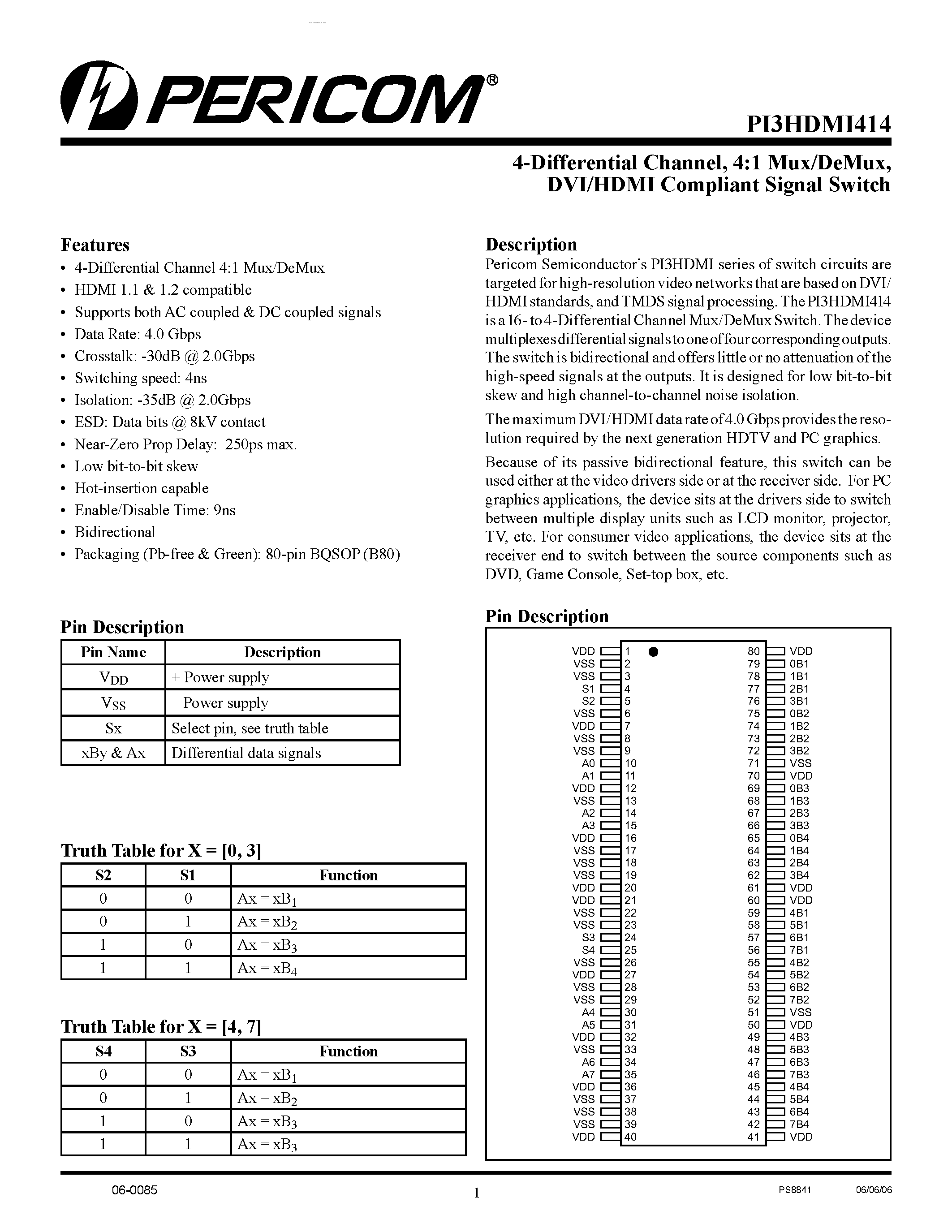 Datasheet PI3HDMI414 - DVI/HDMI Compliant Signal Switch page 1