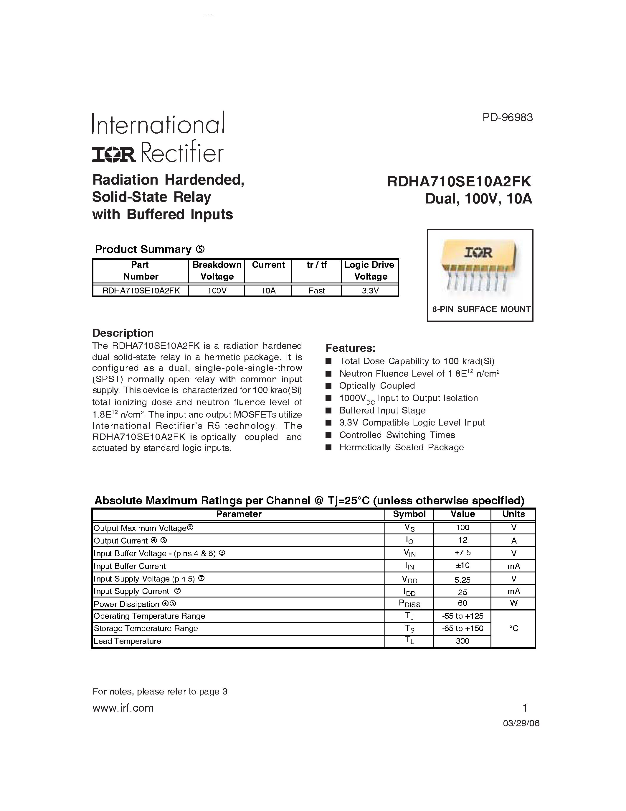 Datasheet RDHA710SE10A2FK - Radiation Hardended / Solid-State Relay page 1