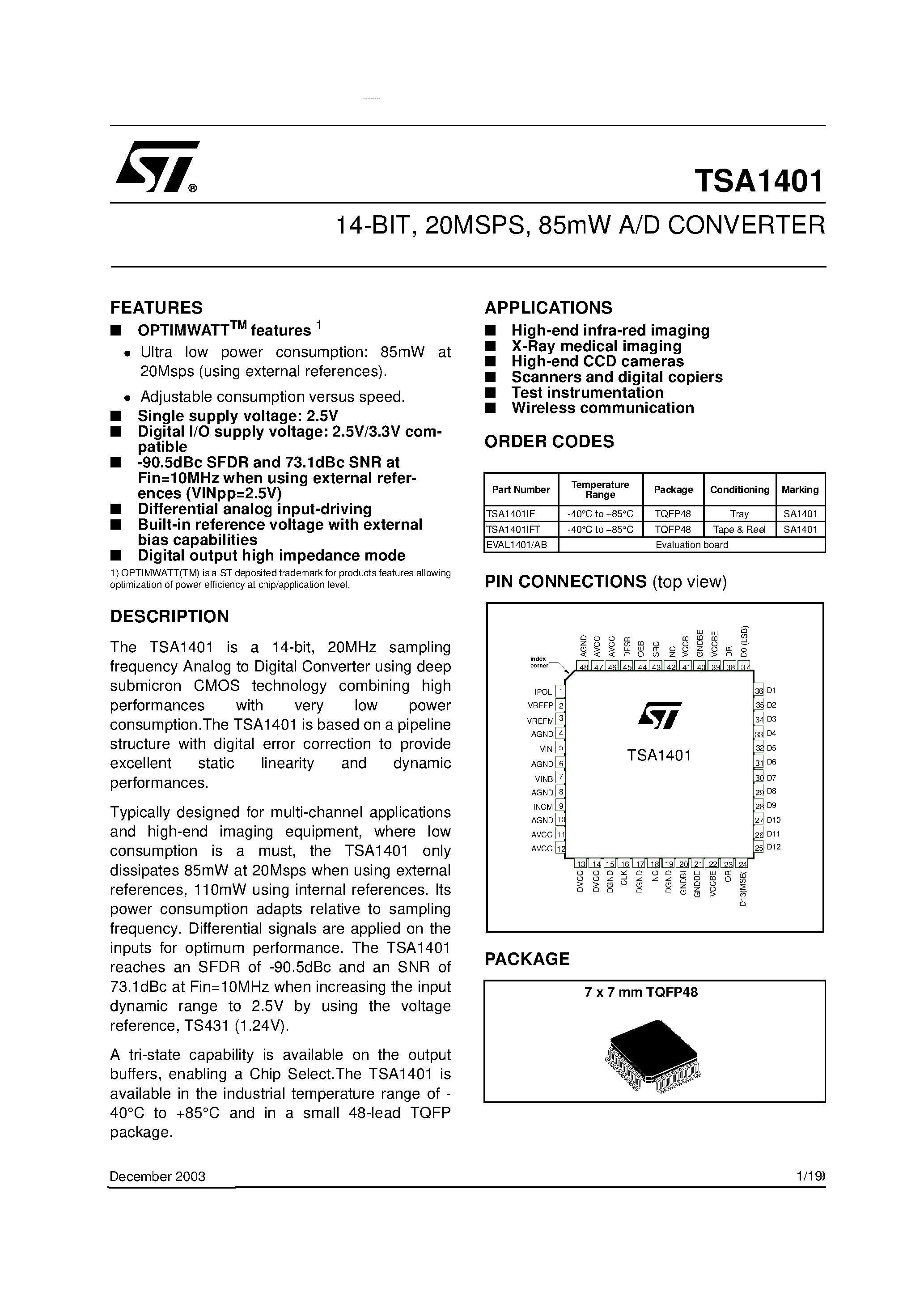 Даташит TSA1401 - A/D CONVERTER страница 1