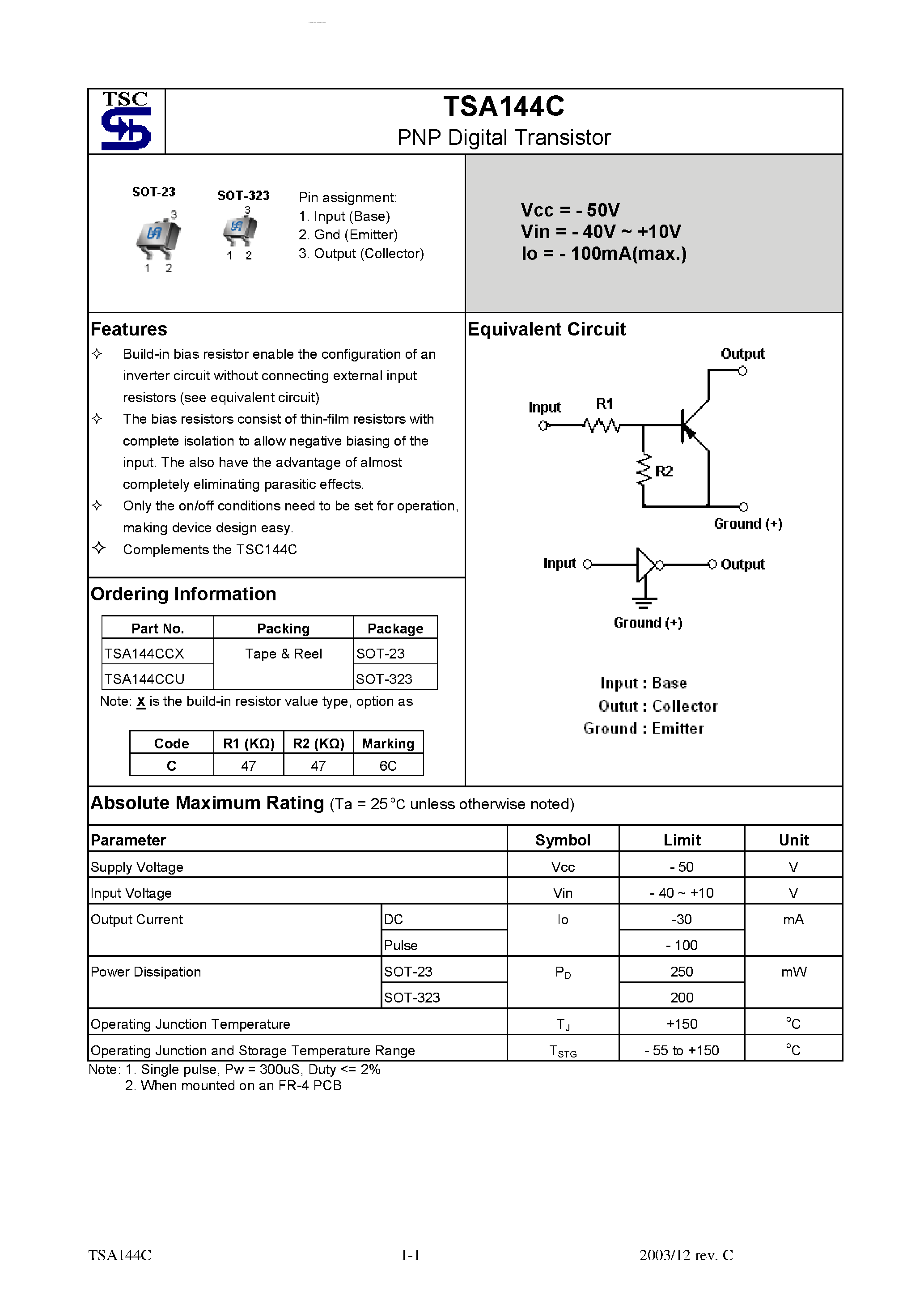 Datasheet TSA144C page 1 Datasheet TSA144C - PNP Digital Transistor page 1