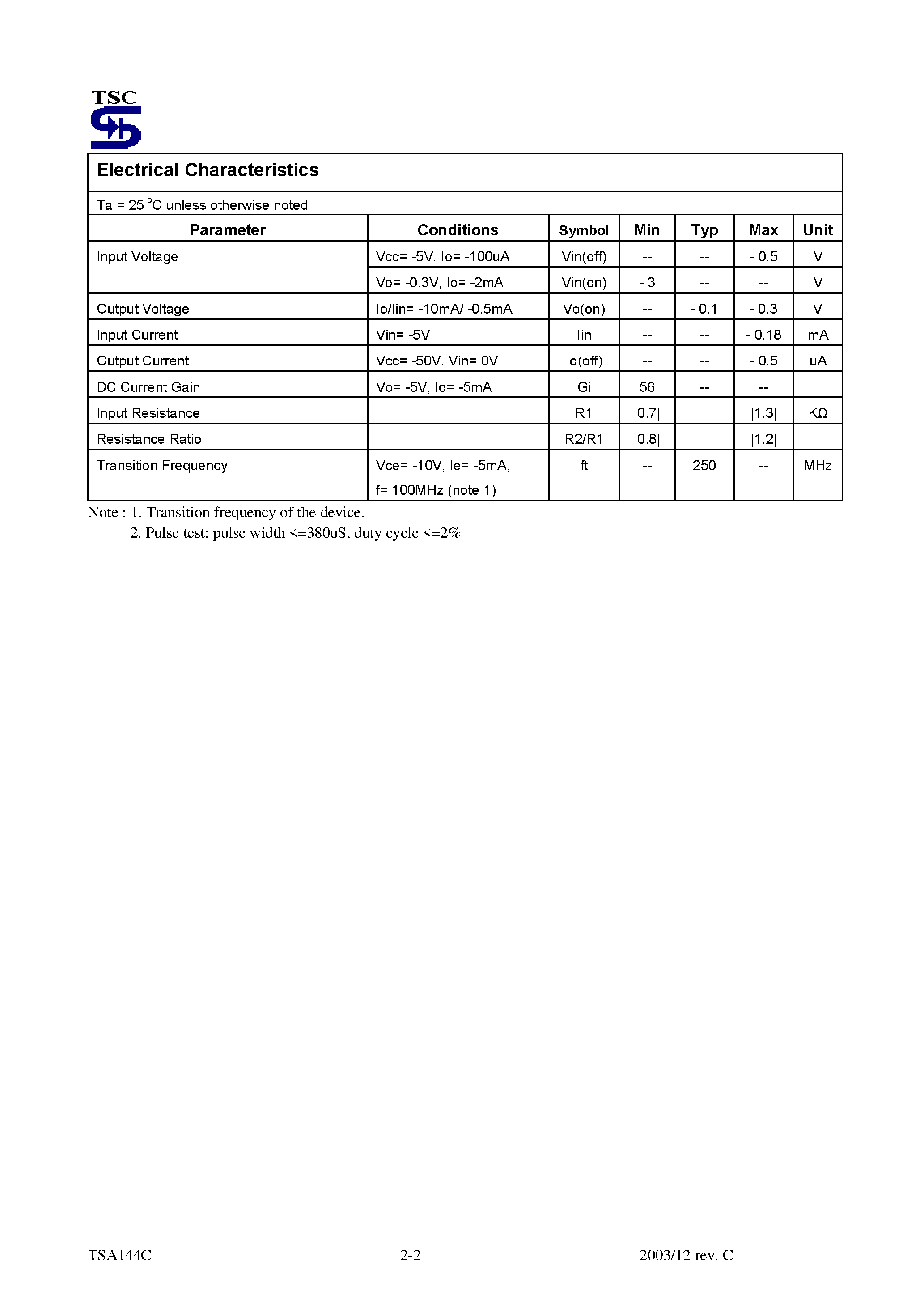 Datasheet TSA144C page 2 Datasheet TSA144C - PNP Digital Transistor page 2