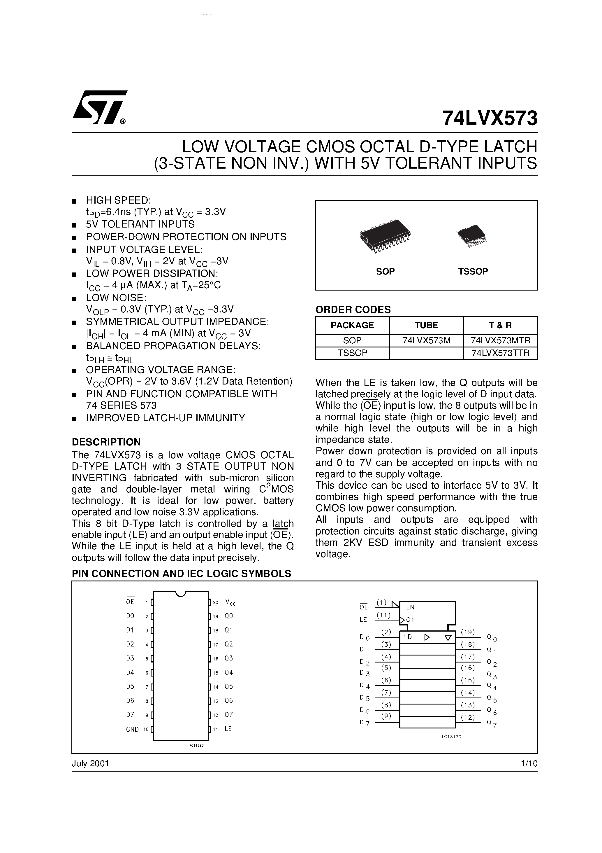Даташит 74LVX573 - LOW VOLTAGE CMOS OCTAL D-TYPE LATCH страница 1