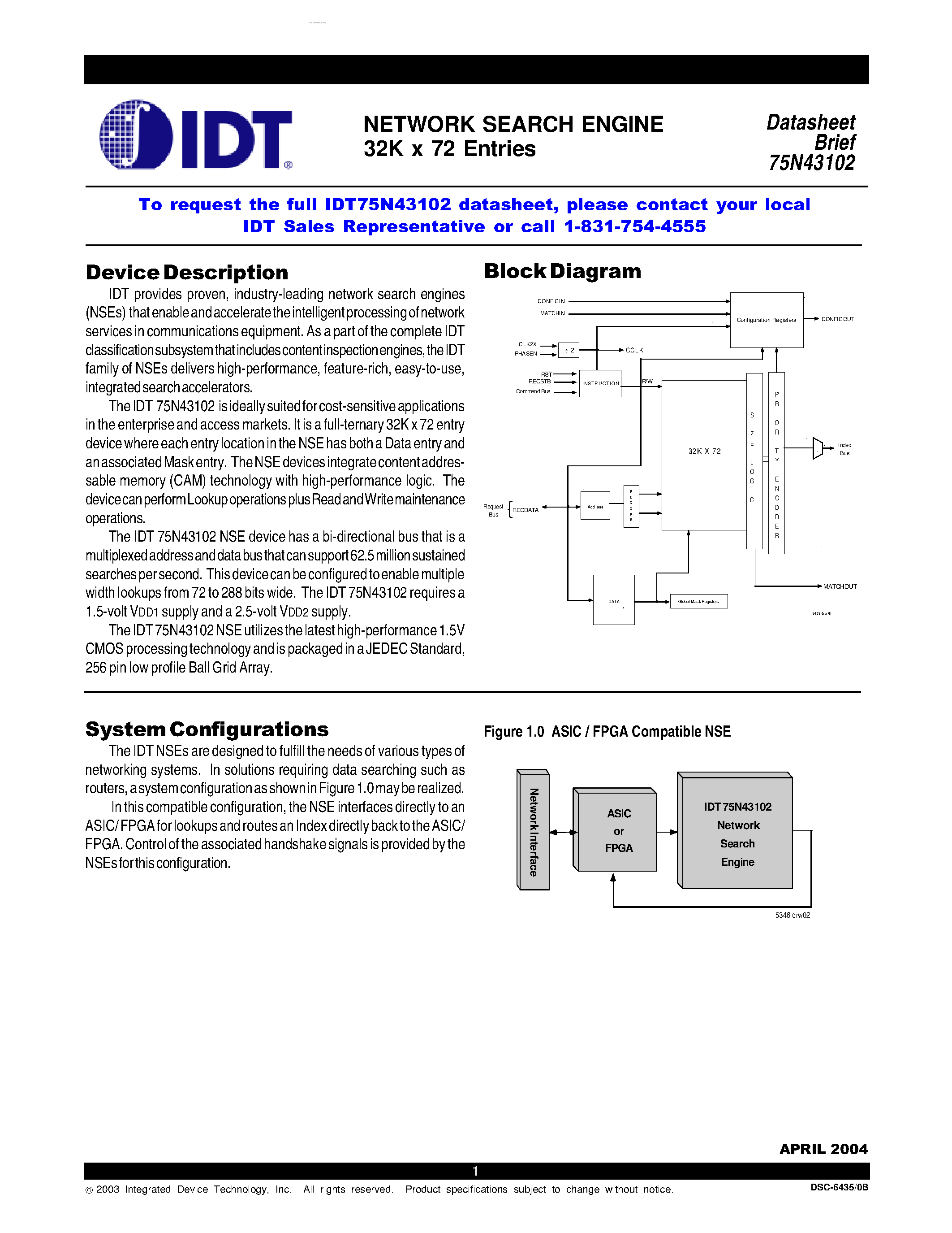 Datasheet 75N43102 - NETWORK SEARCH ENGINE 32K x 72 Entries page 1