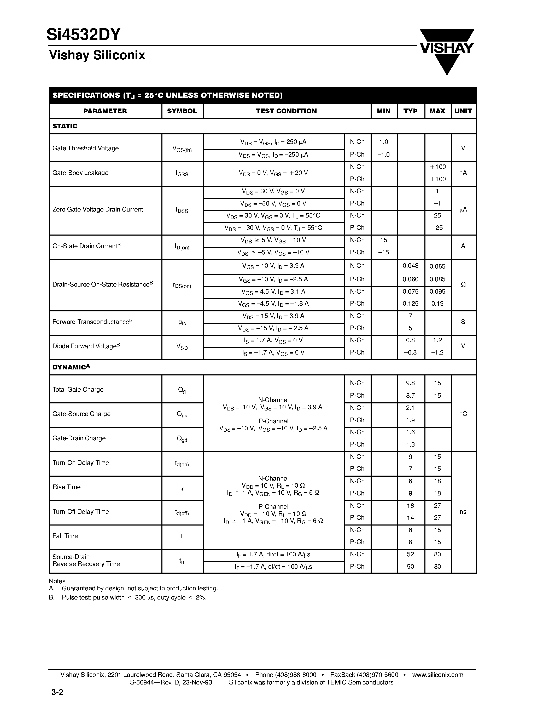 Datasheet SI4532DY page 2 Datasheet SI4532DY - N- and P-Channel 30-V (D-S) MOSFET page 2