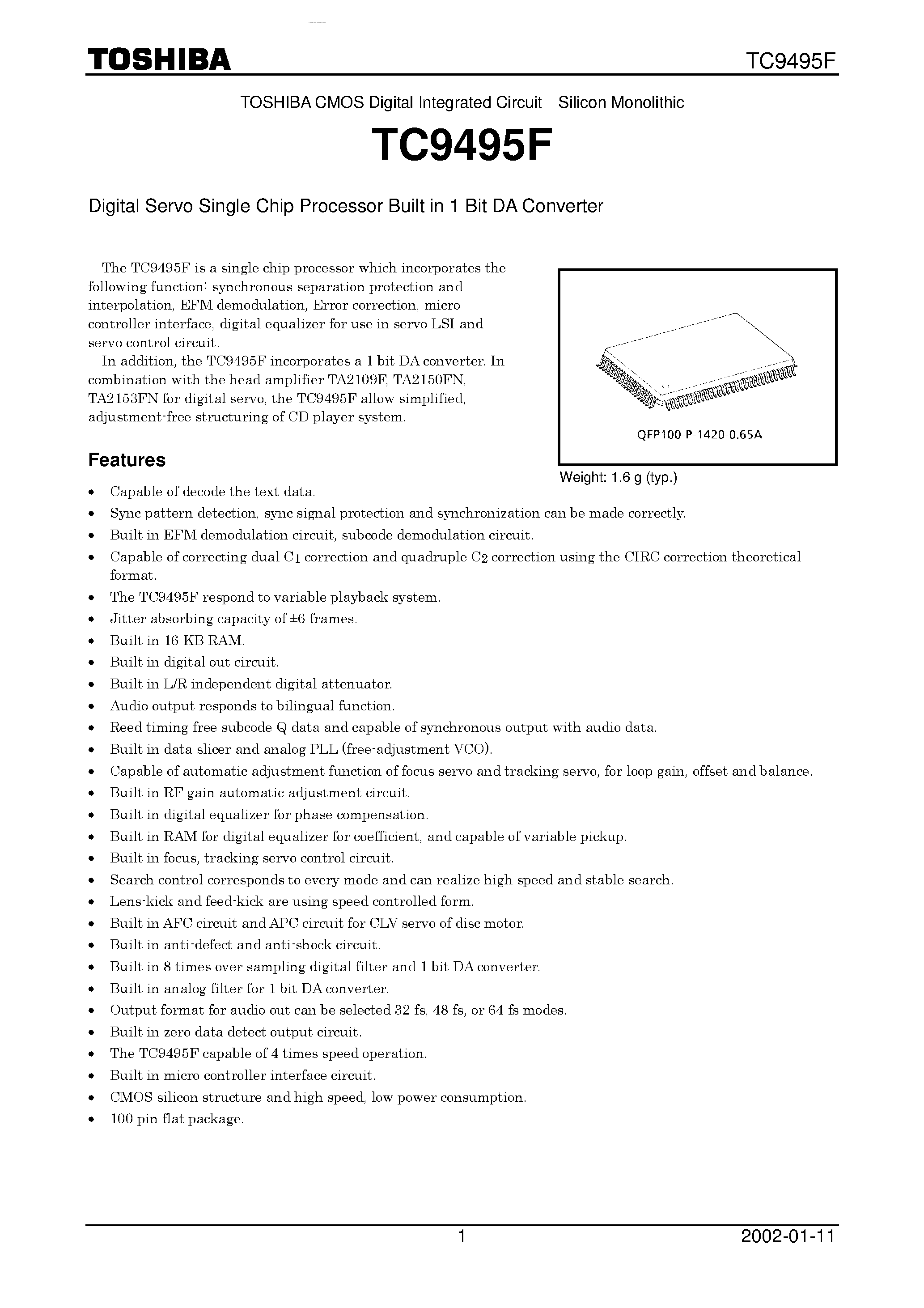 Datasheet TC9495F - Digital Servo Single Chip Processor Built in 1 Bit DA Converter page 1