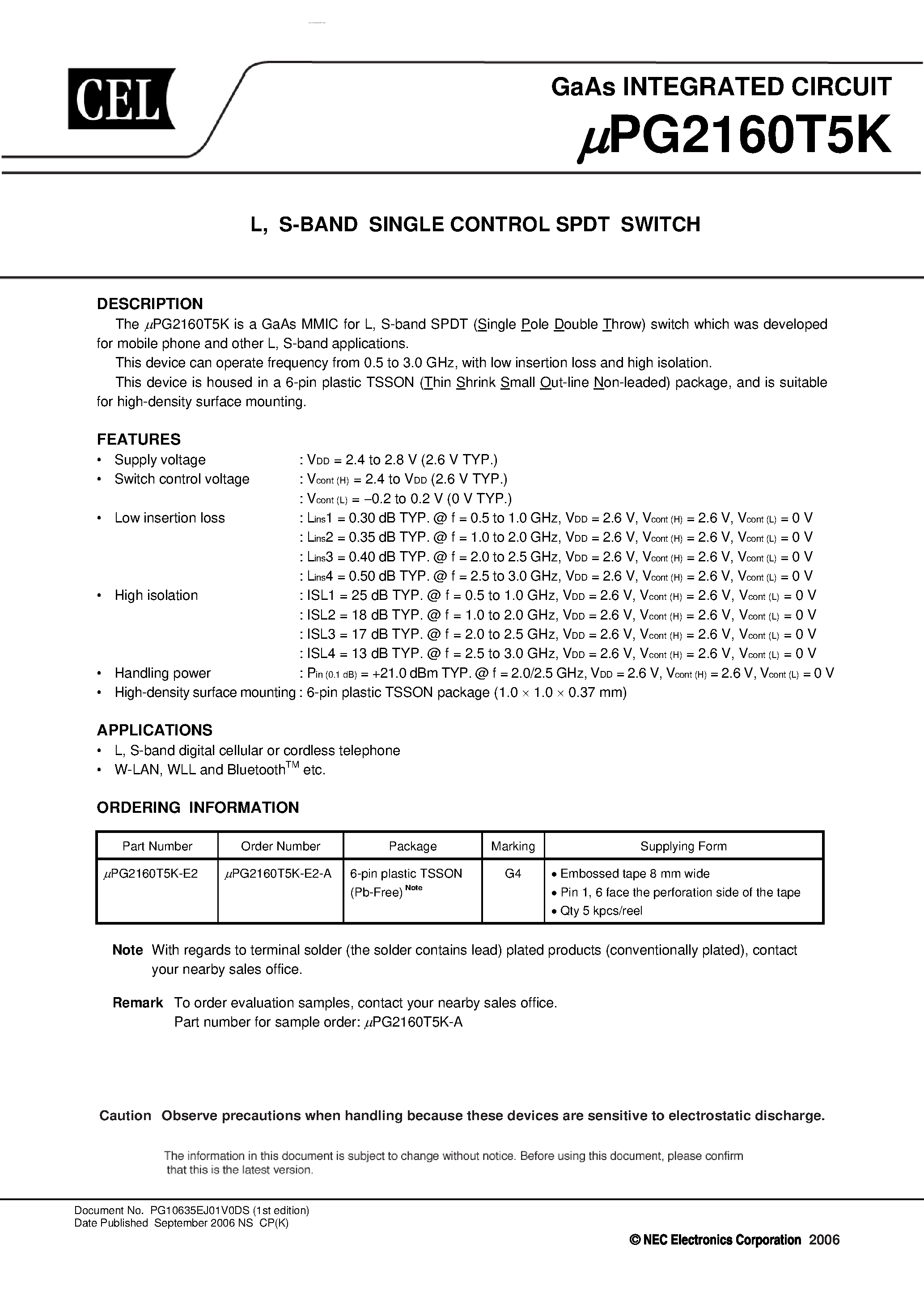 Datasheet UPG2160T5K - SINGLE CONTROL SPDT SWITCH page 1