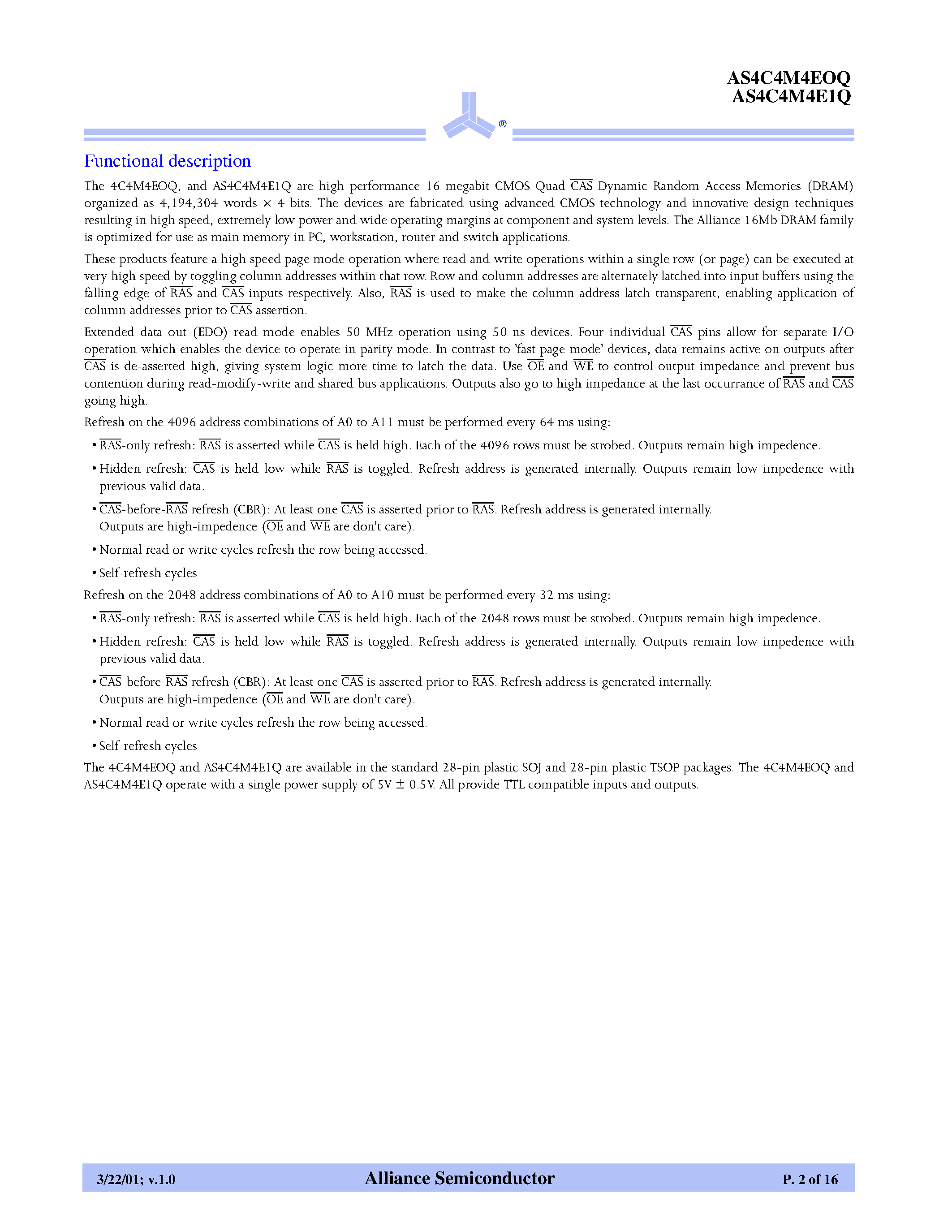 Даташит на микросхему AS4C4M4E1Q страница 2 Даташит AS4C4M4E1Q - 4M X 4 CMOS Quad CAS DRAM (EDO) family страница 2