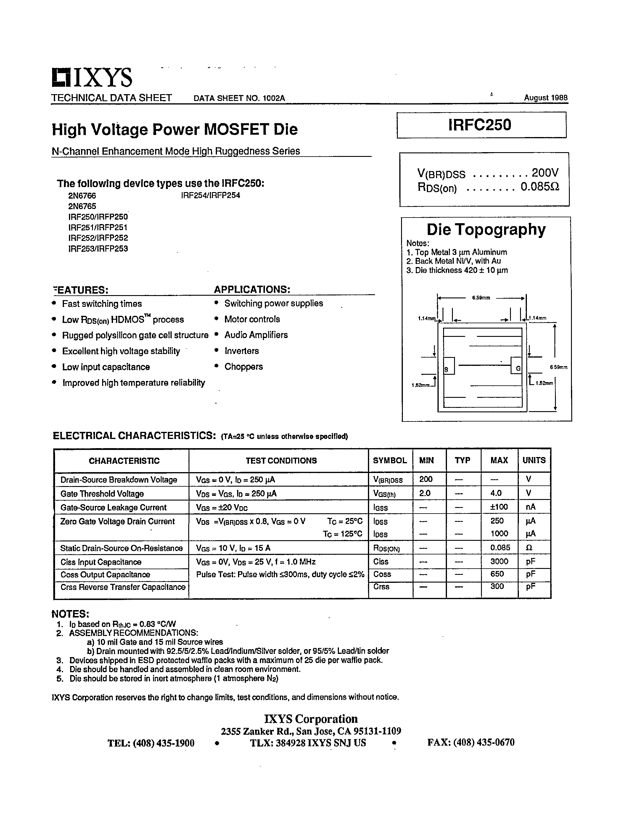 Datasheet IRFC250 - High Voltage Power MOSFET Die N-Channel Enhancement Mode High Ruggedness Series page 1
