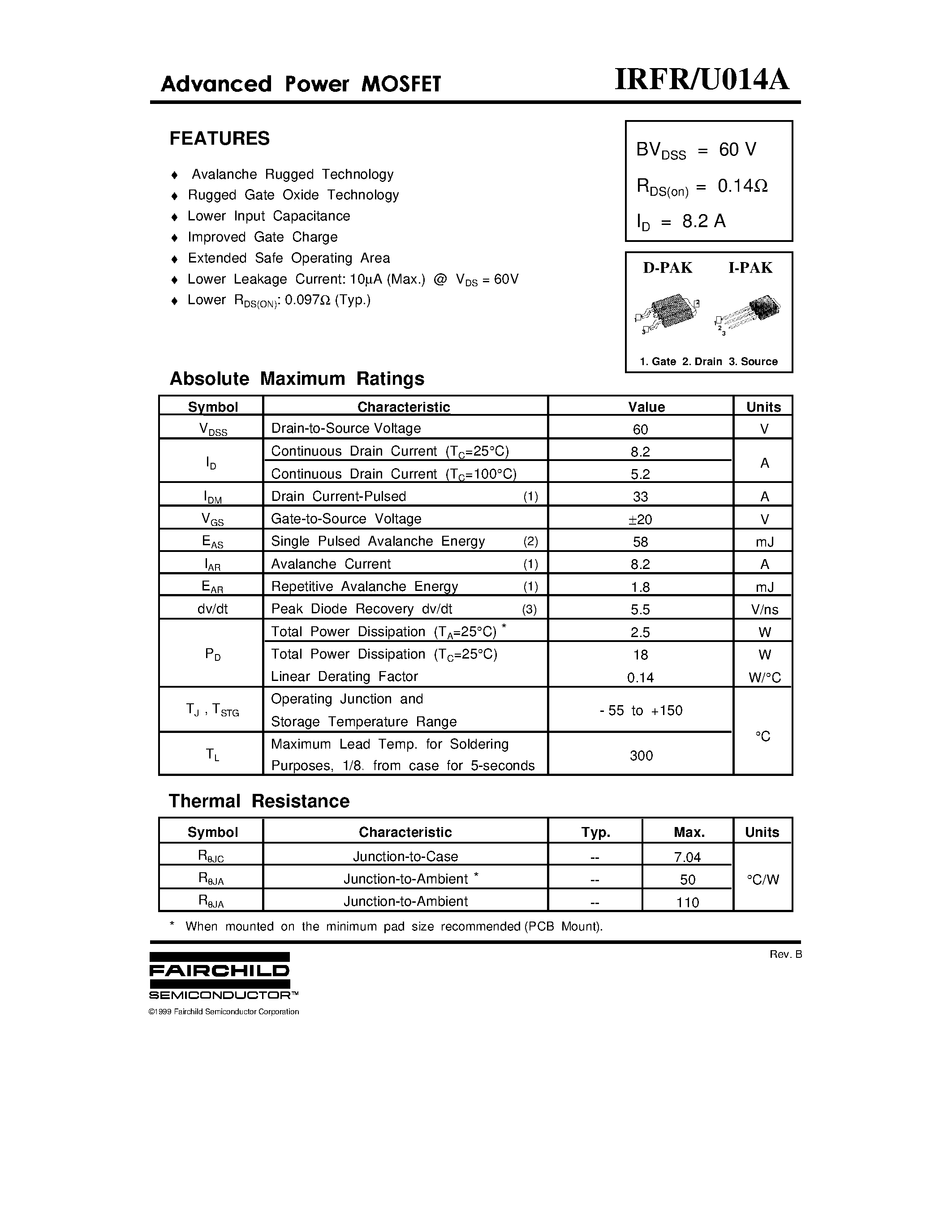 Datasheet IRFR014A - ADVANCED POWER MOSFET page 1