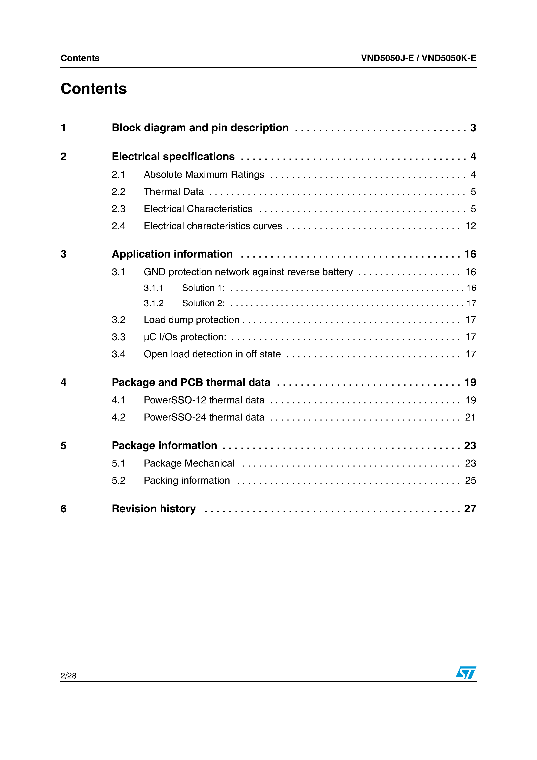 Datasheet VND5050J-E page 2 Datasheet VND5050J-E - Double channel high side driver page 2