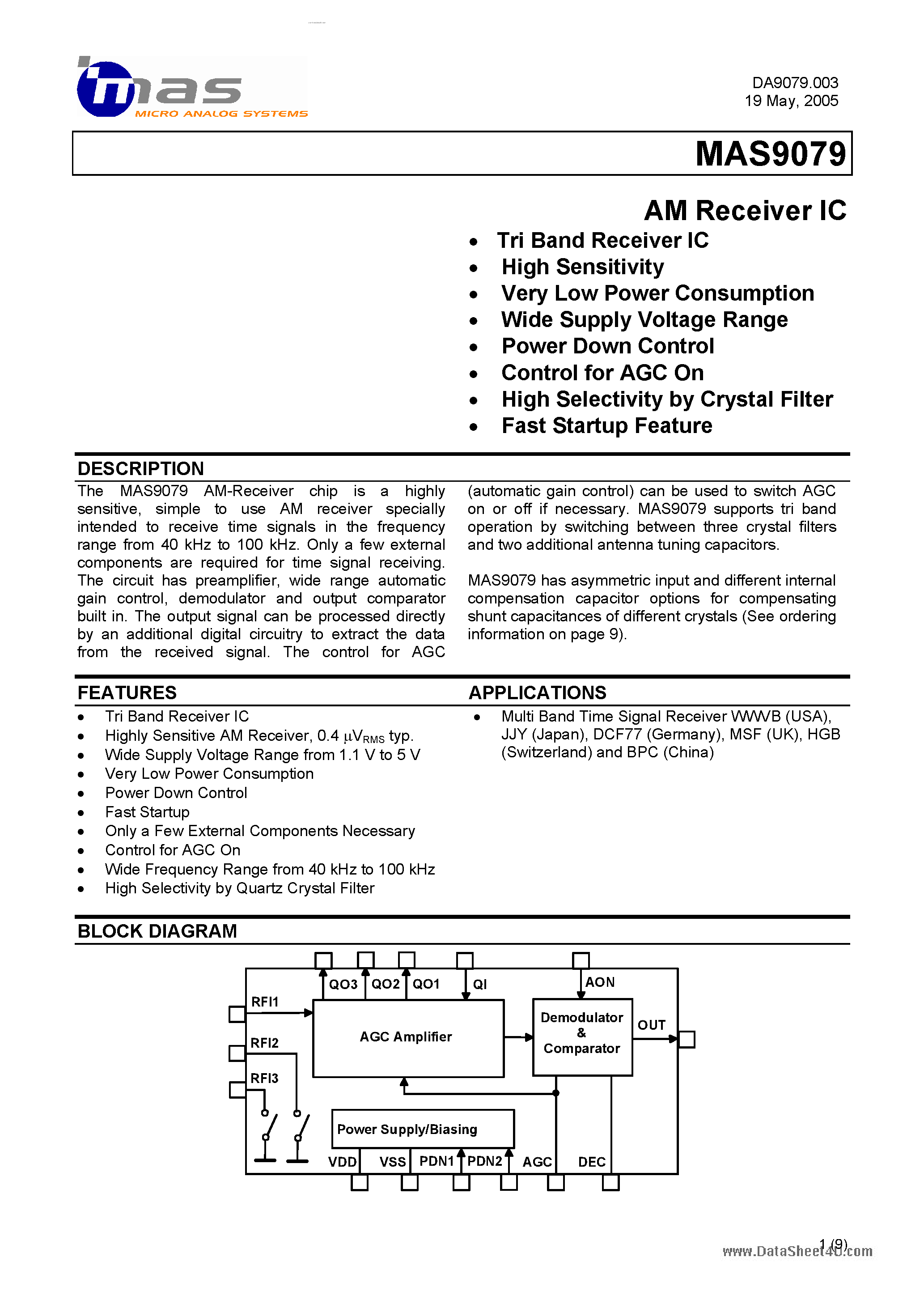 Даташит на микросхему MAS9079 страница 1 Даташит MAS9079 - Stand-alone Tri Band Time Signal AM Receiver IC страница 1