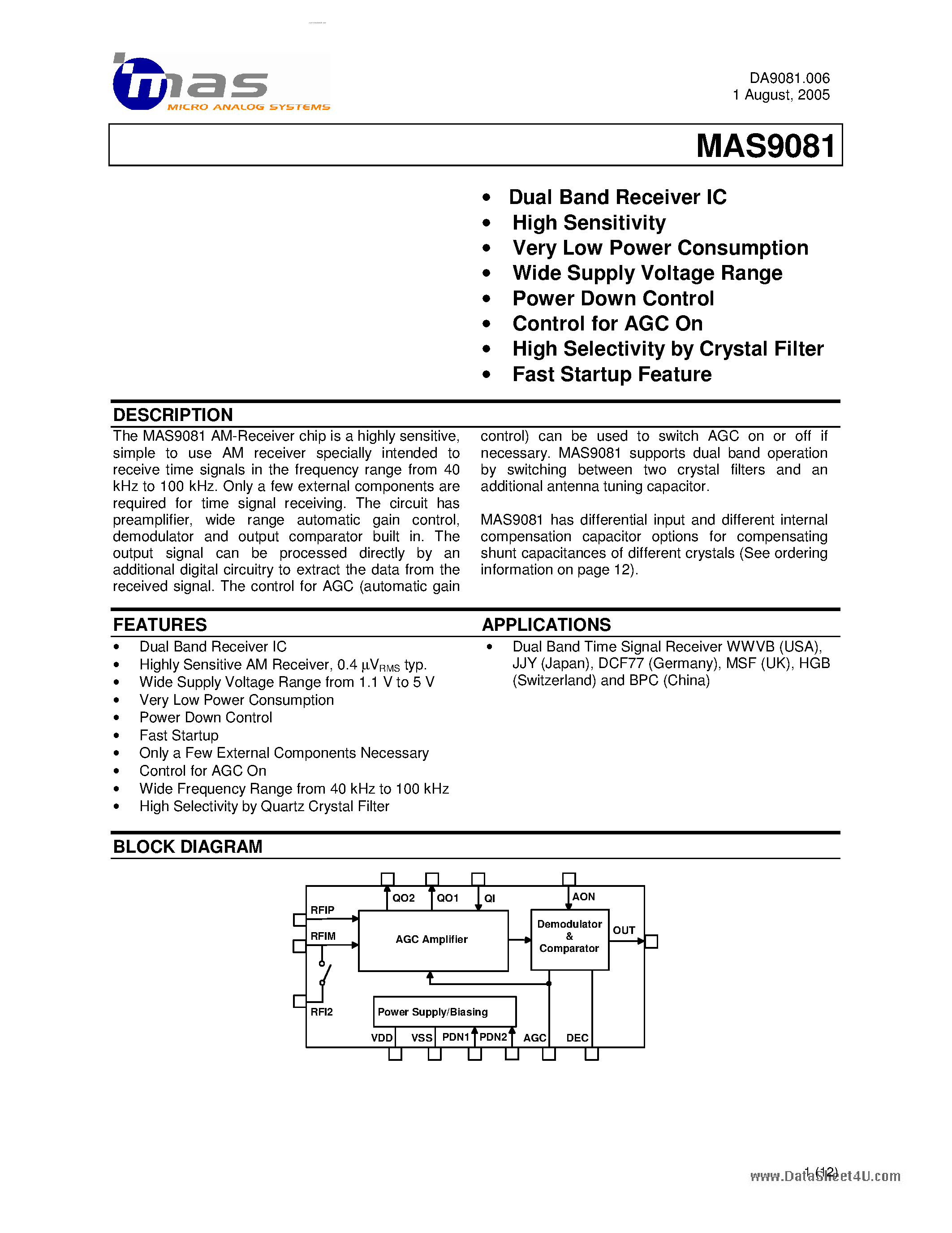 Даташит на микросхему MAS9081 страница 1 Даташит MAS9081 - Stand-alone Dual Band Time Signal AM Receiver IC страница 1