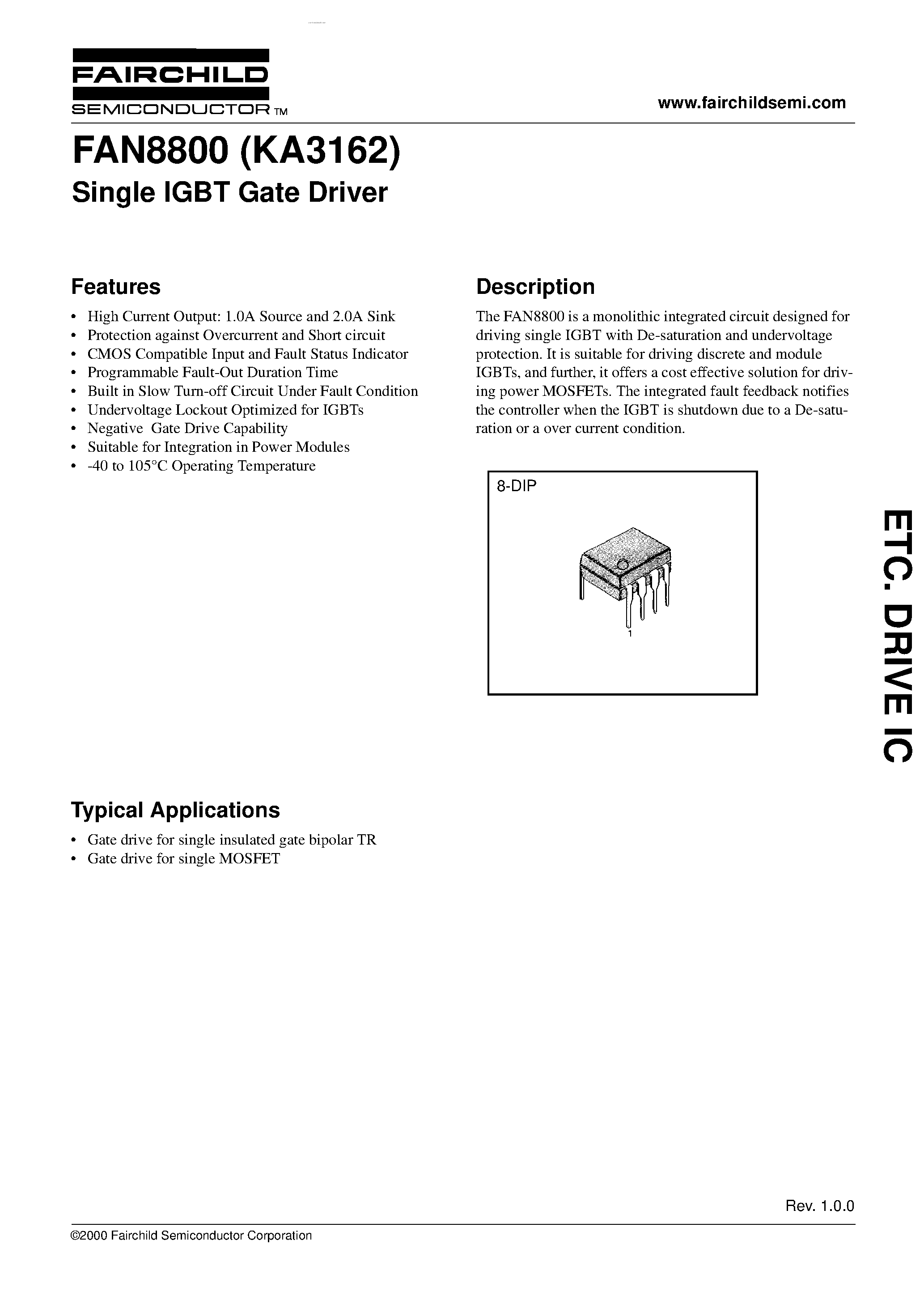 Даташит FAN8800 - Single IGBT Gate Driver страница 1