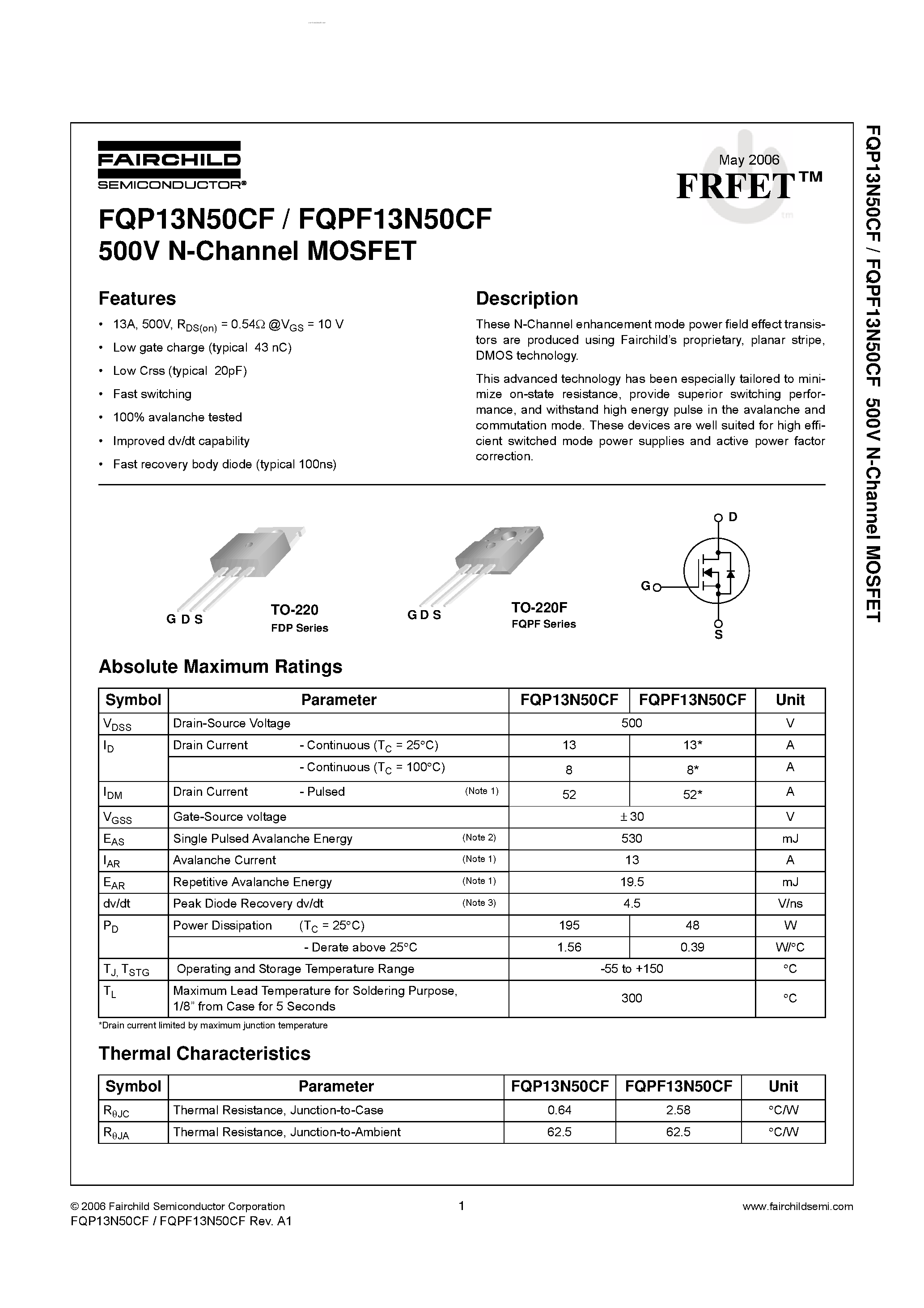Даташит FQP13N50CF - N-Channel MOSFET страница 1