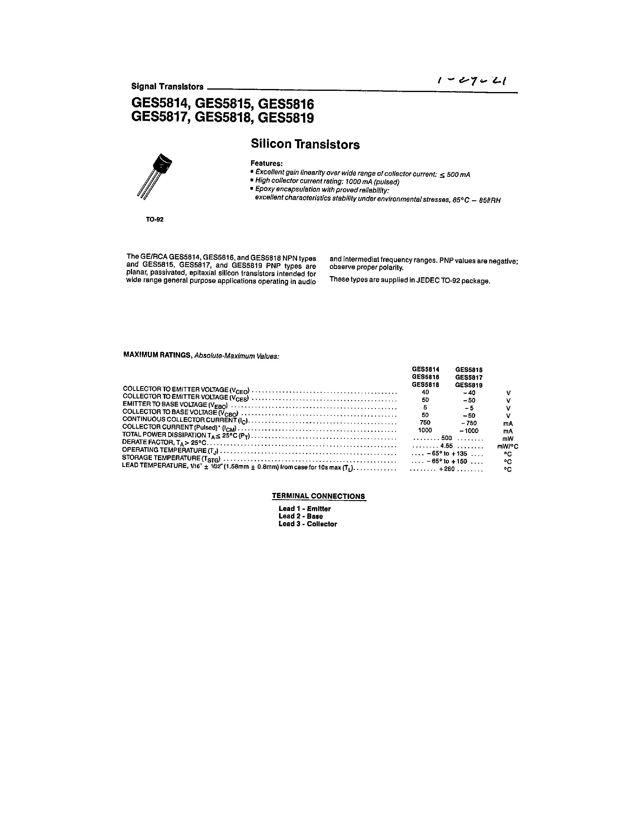 Даташит на микросхему GES5814 страница 1 Даташит GES5814 - (GES5814 - GES5819) Signal Transistors страница 1