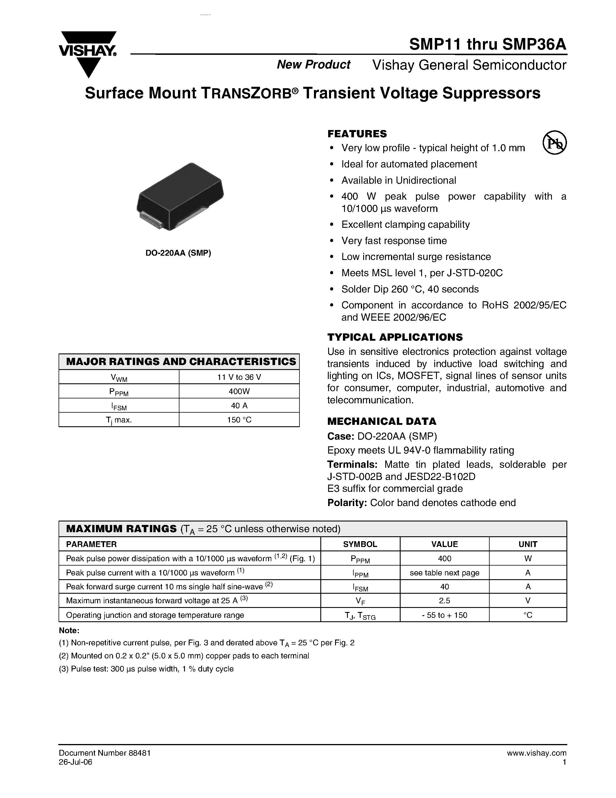Даташит SMP1x - (SMP11 - SMP36A) Surface Mount TRANSZORB Transient Voltage Suppressors страница 1