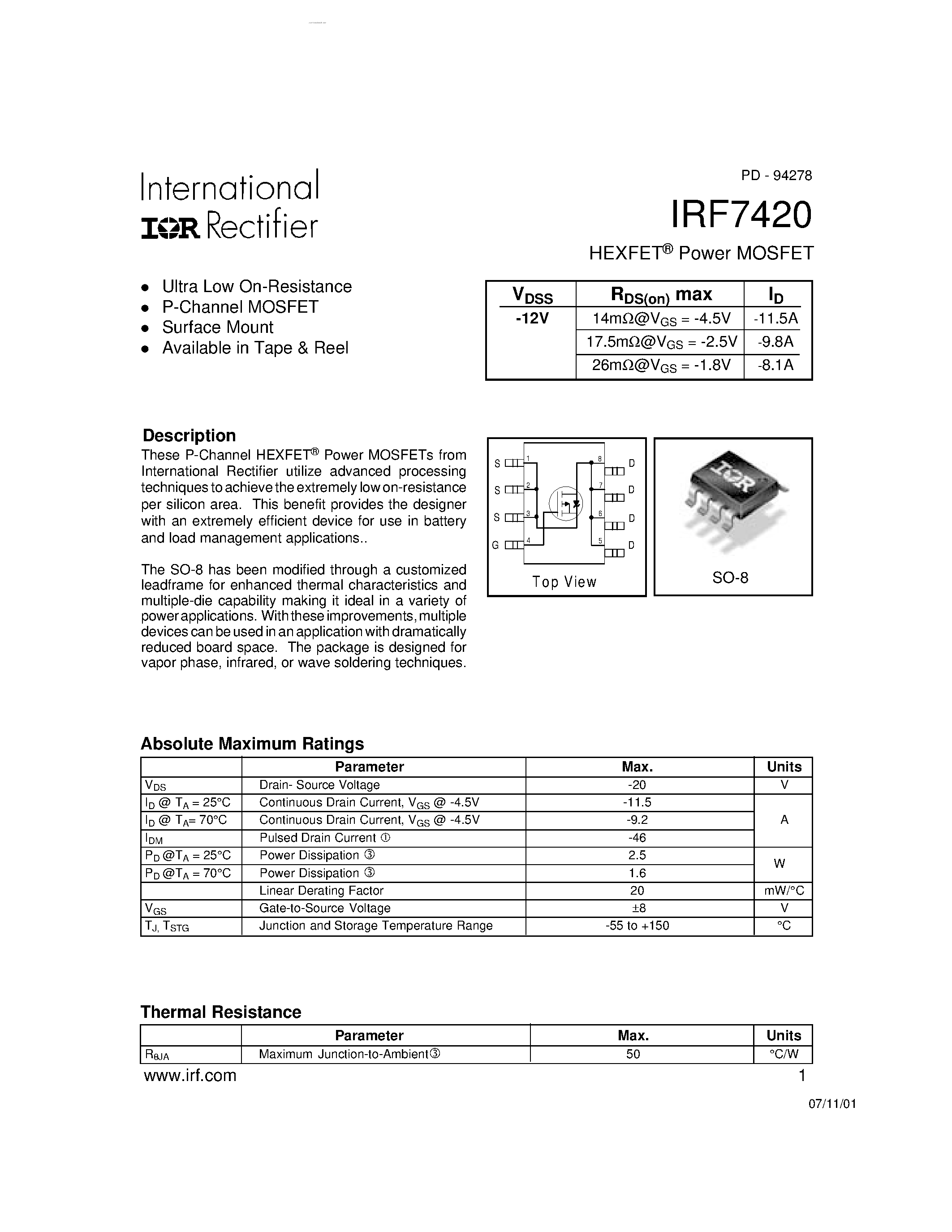 Datasheet IRF7420 page 1 Datasheet IRF7420 - HEXFET Power MOSFET page 1