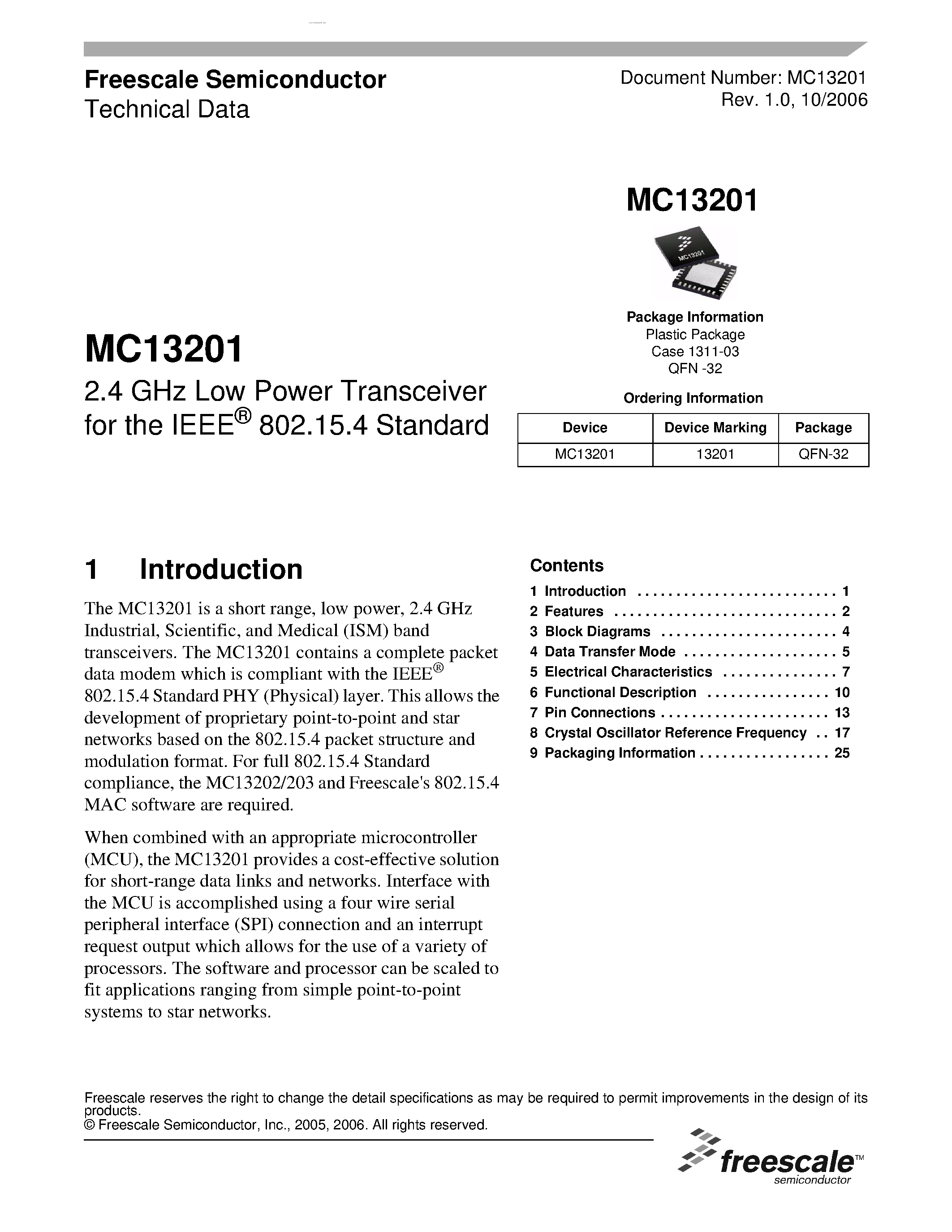 Datasheet MC13201 - 2.4 GHz Low Power Transceiver page 1
