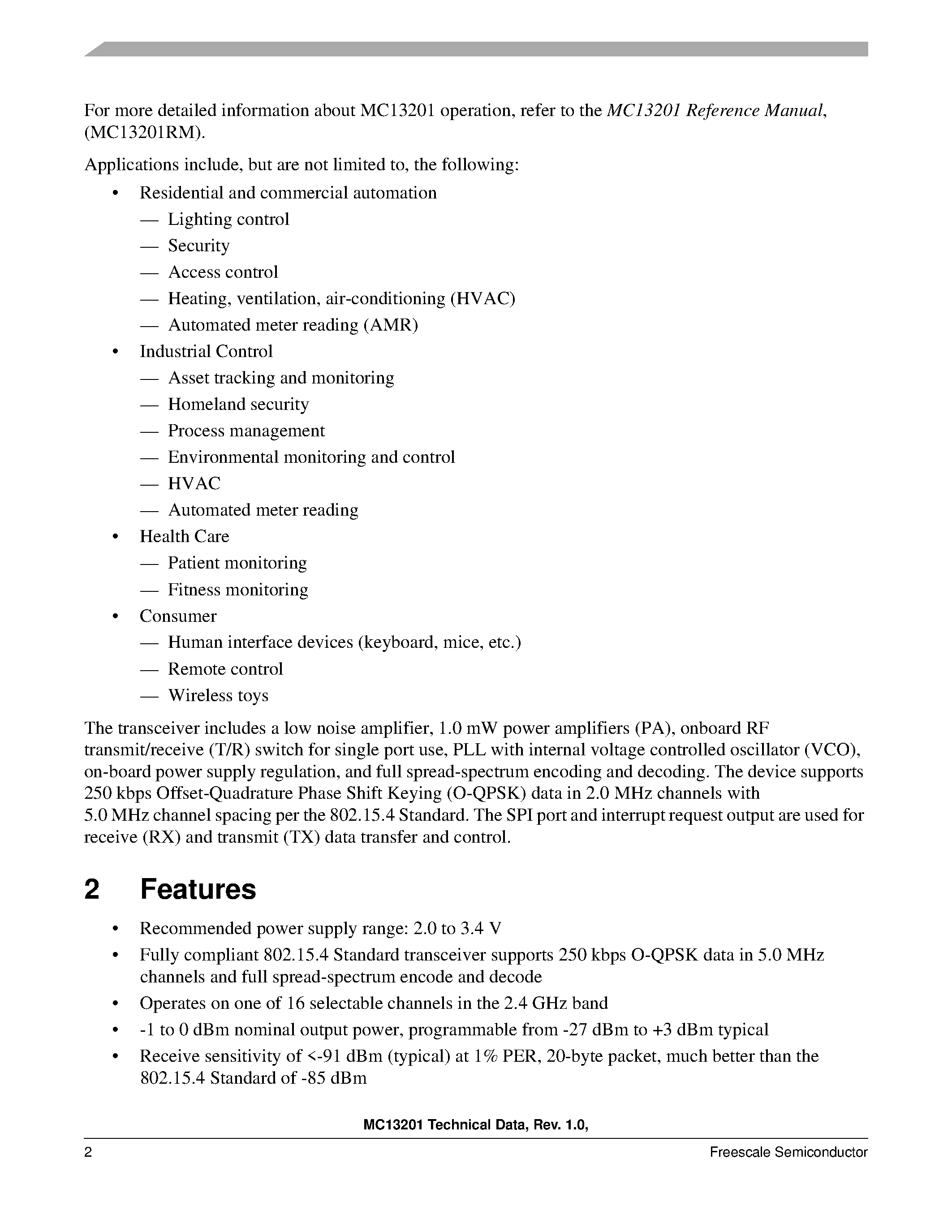 Даташит на микросхему MC13201 страница 2 Даташит MC13201 - 2.4 GHz Low Power Transceiver страница 2