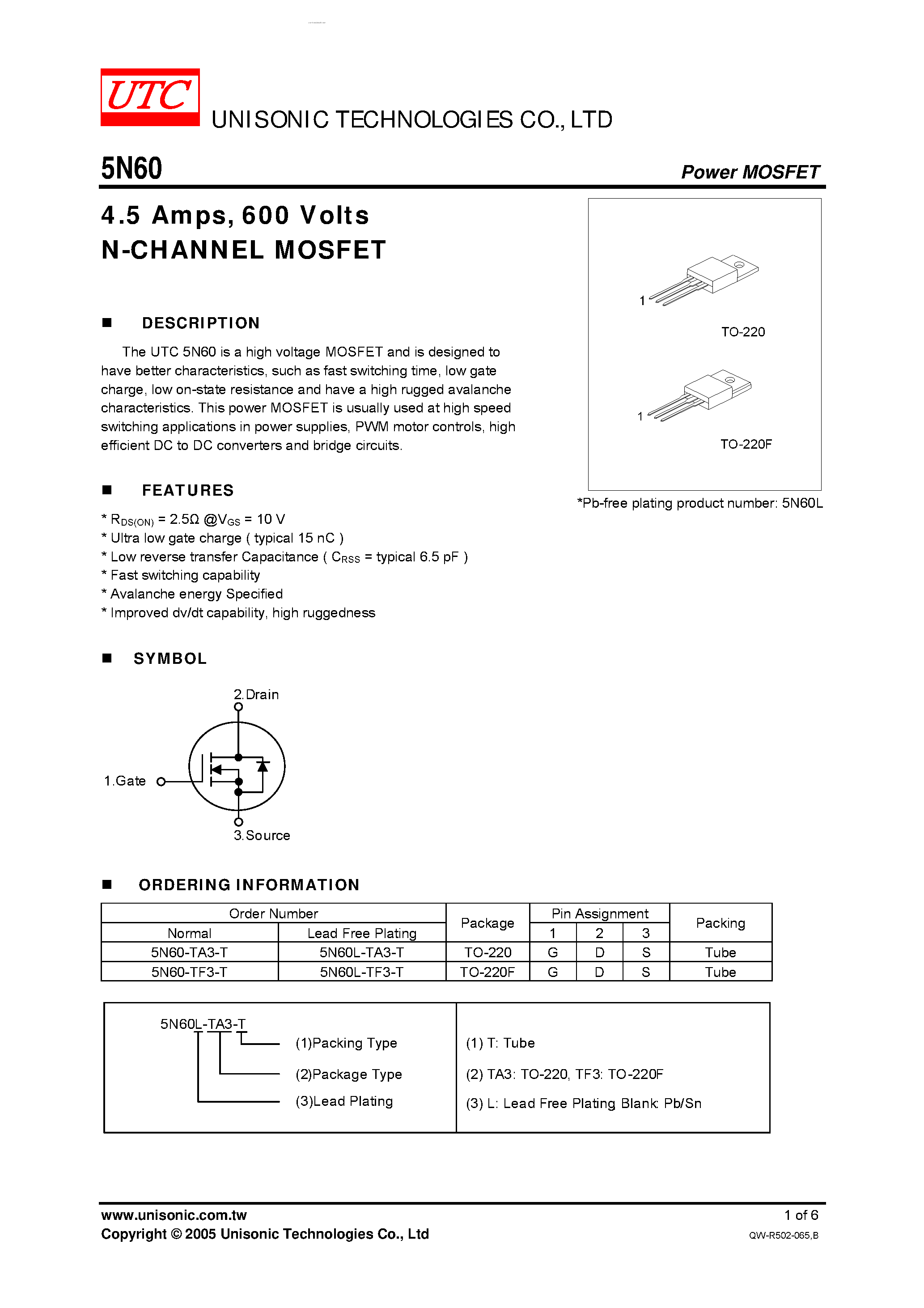 Даташит на микросхему 5N60 страница 1 Даташит 5N60 - N-CHANNEL MOSFET страница 1
