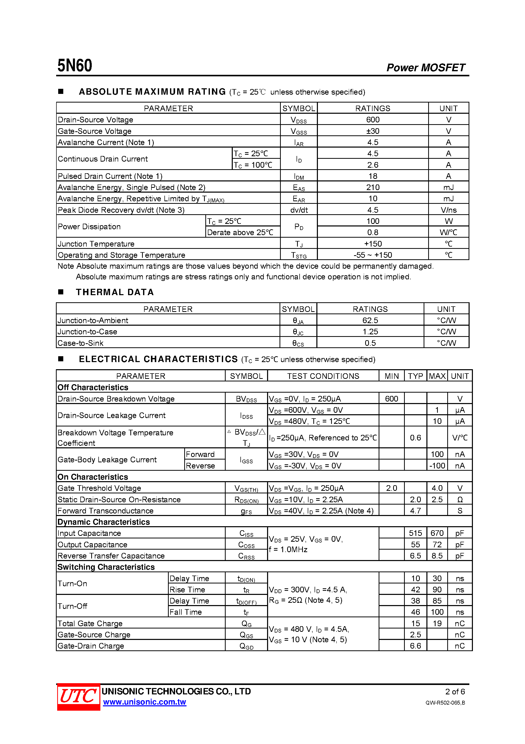 Даташит на микросхему 5N60 страница 2 Даташит 5N60 - N-CHANNEL MOSFET страница 2