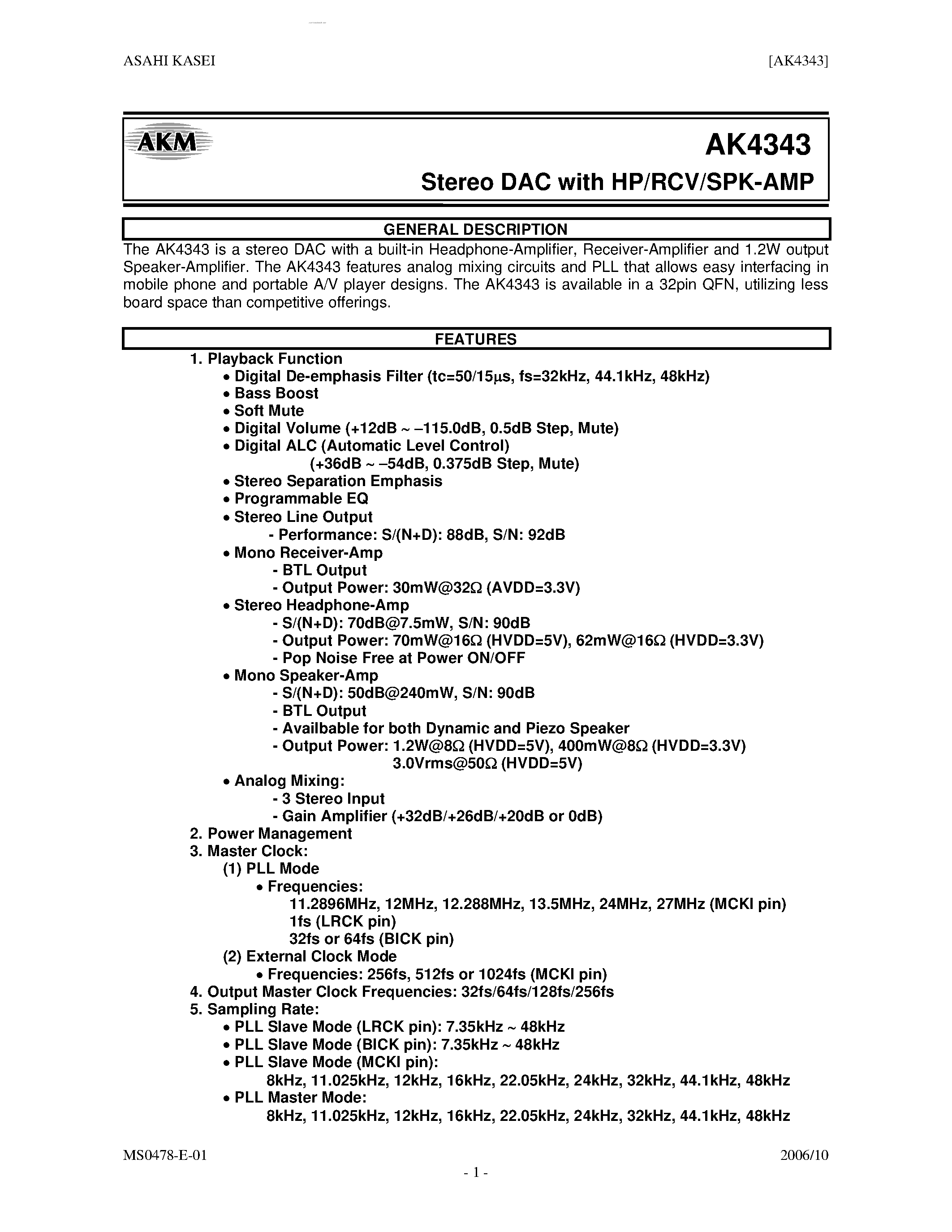 Даташит AK4343 - Stereo DAC страница 1