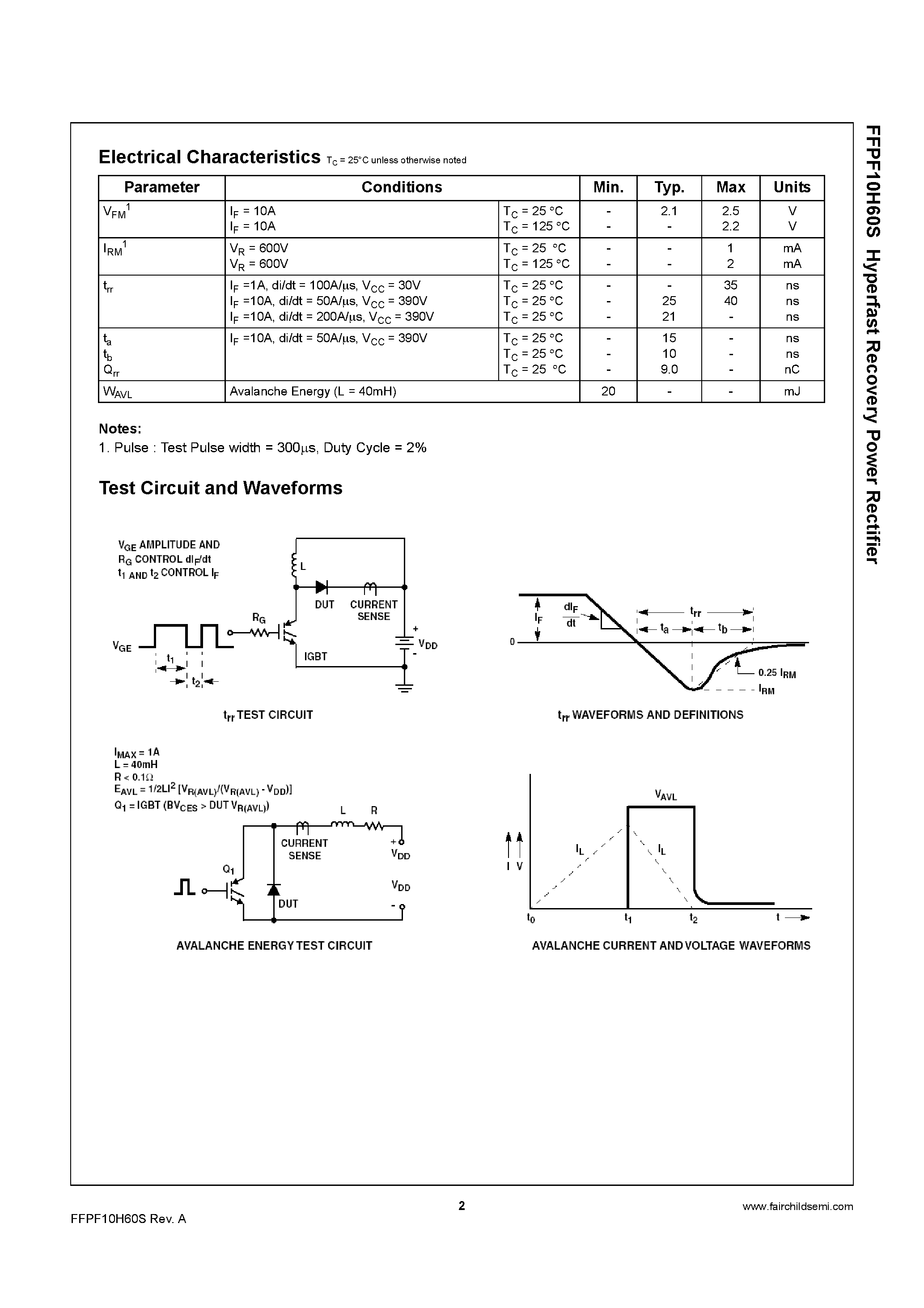 Datasheet FFPF10H60S - Hyperfast Recovery Power Rectifier page 2