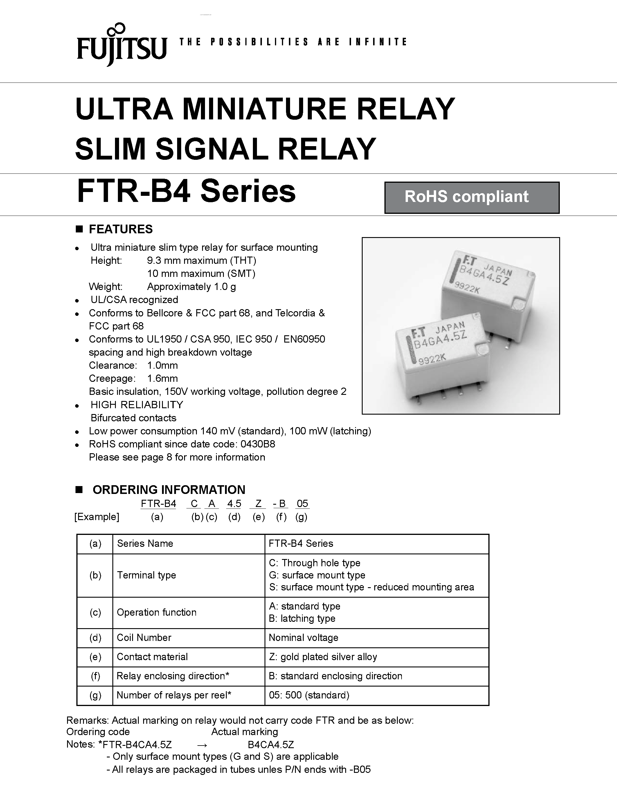Datasheet FTR-B4 - ULTRA MINIATURE RELAY SLIM SIGNAL RELAY page 1