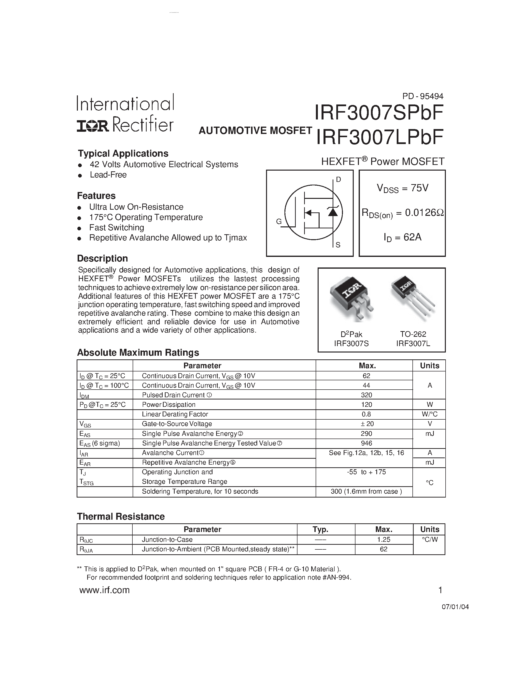 Datasheet IRF3007LPBF - HEXFET Power MOSFET page 1