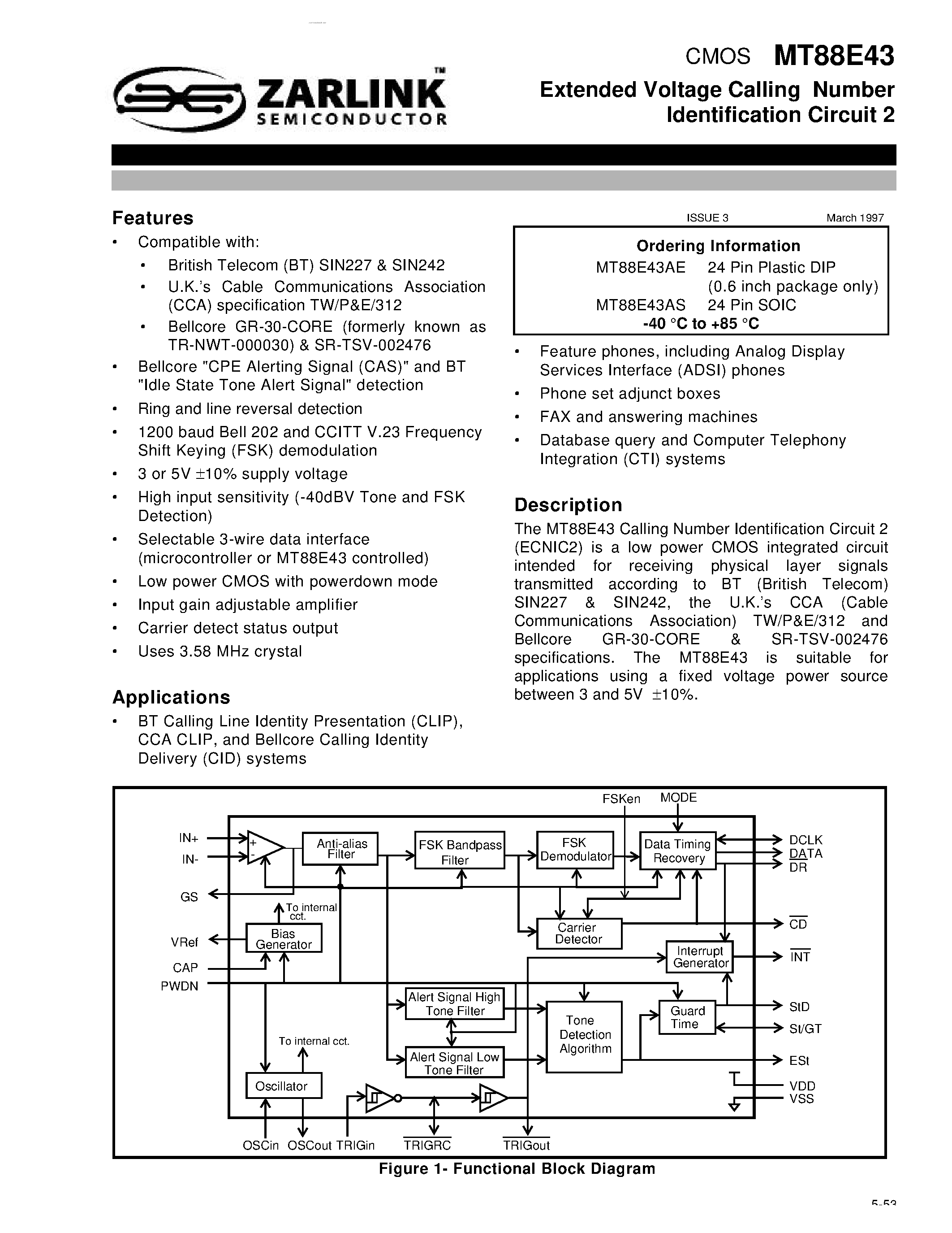 Datasheet MT88E43 - Extended Voltage Calling Number Identification Circuit 2 page 1