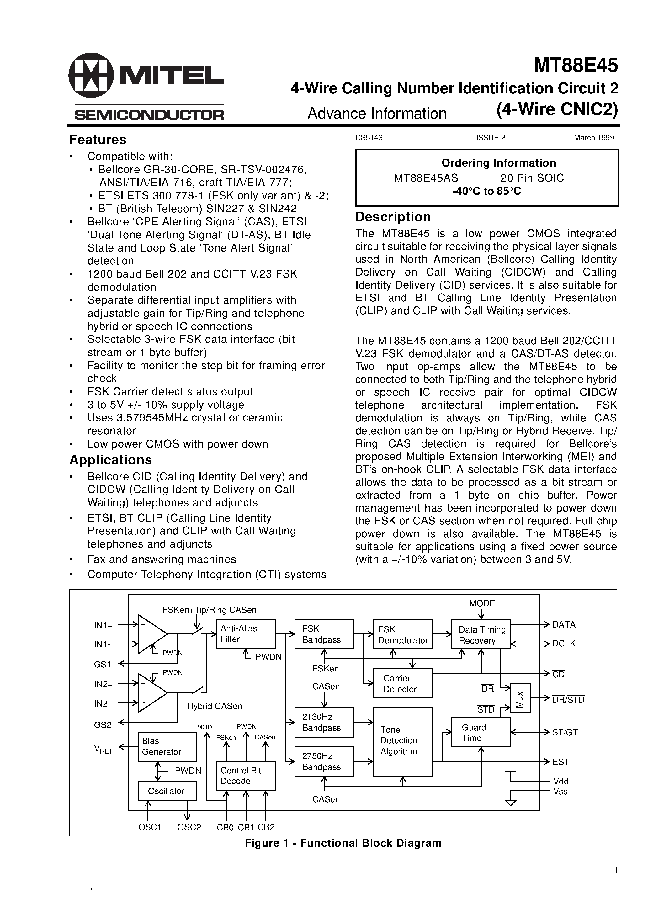 Datasheet MT88E45 - 4-Wire Calling Number Identification Circuit 2 page 1