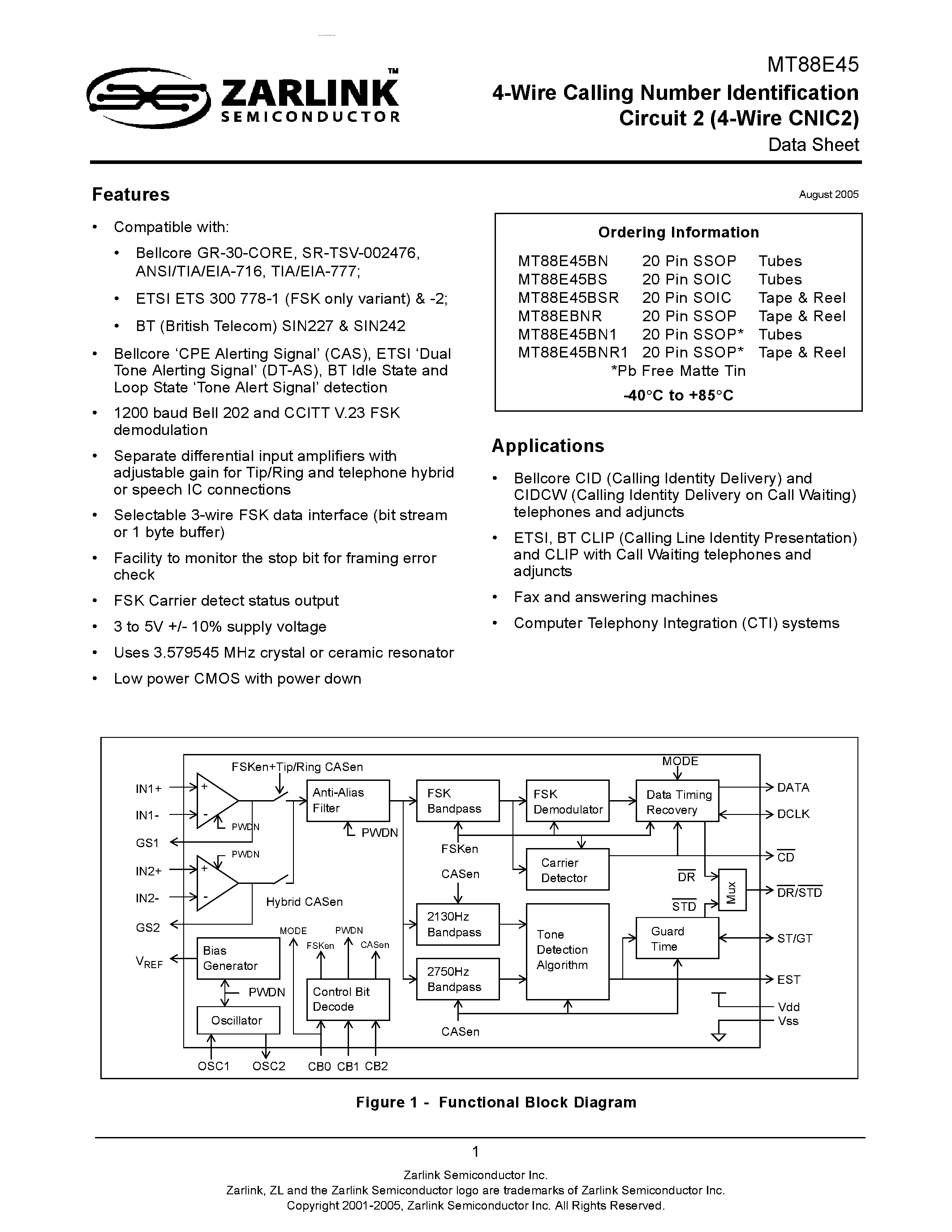 Datasheet MT88E45 - 4-Wire Calling Number Identification Circuit 2 page 1