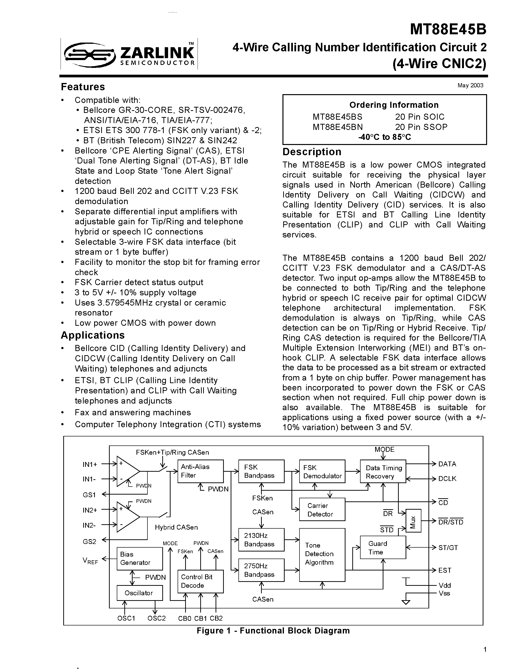 Datasheet MT88E45B page 1 Datasheet MT88E45B - 4-Wire Calling Number Identification Circuit 2 page 1