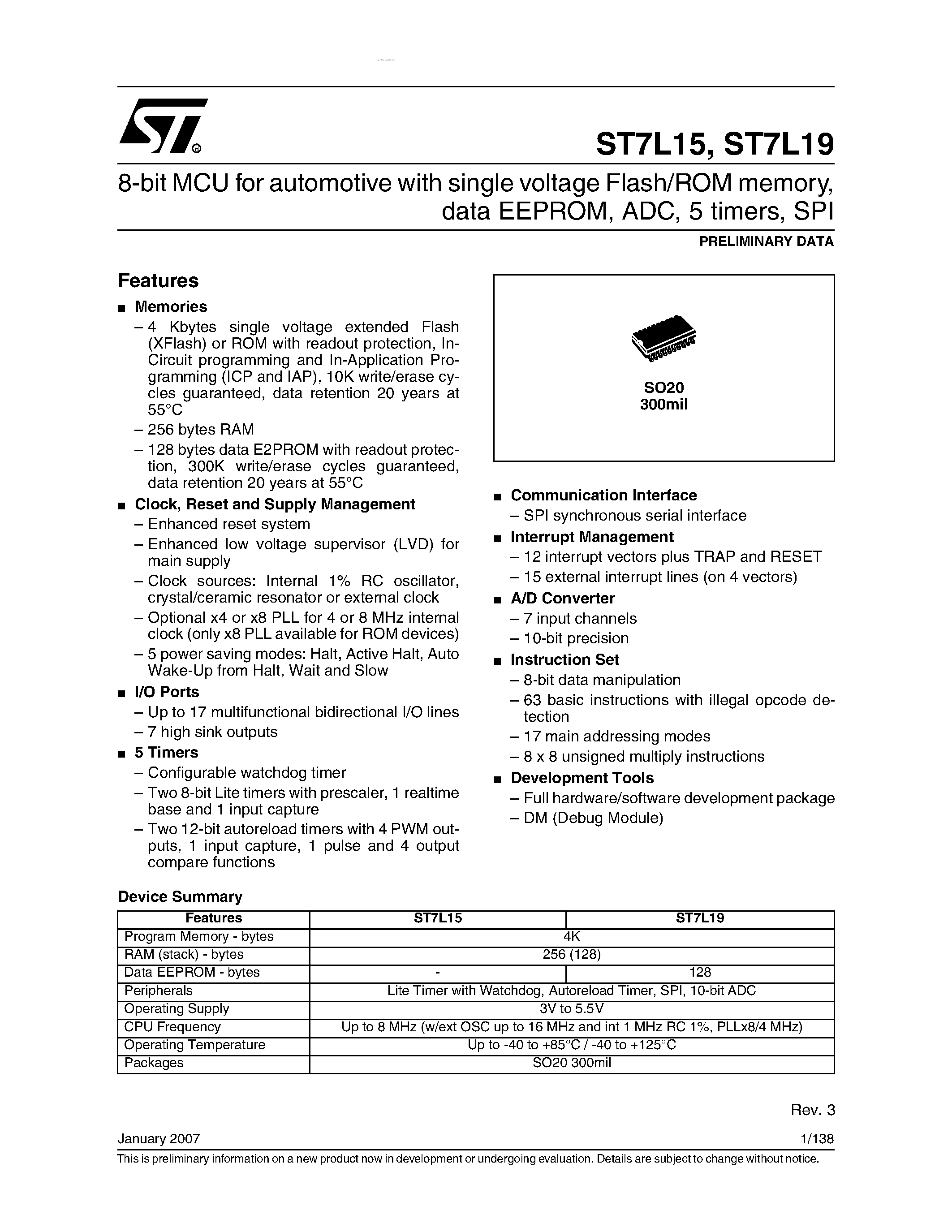 Datasheet ST7L15 page 1 Datasheet ST7L15 - (ST7L15 / ST7L19) 8-bit MCU page 1