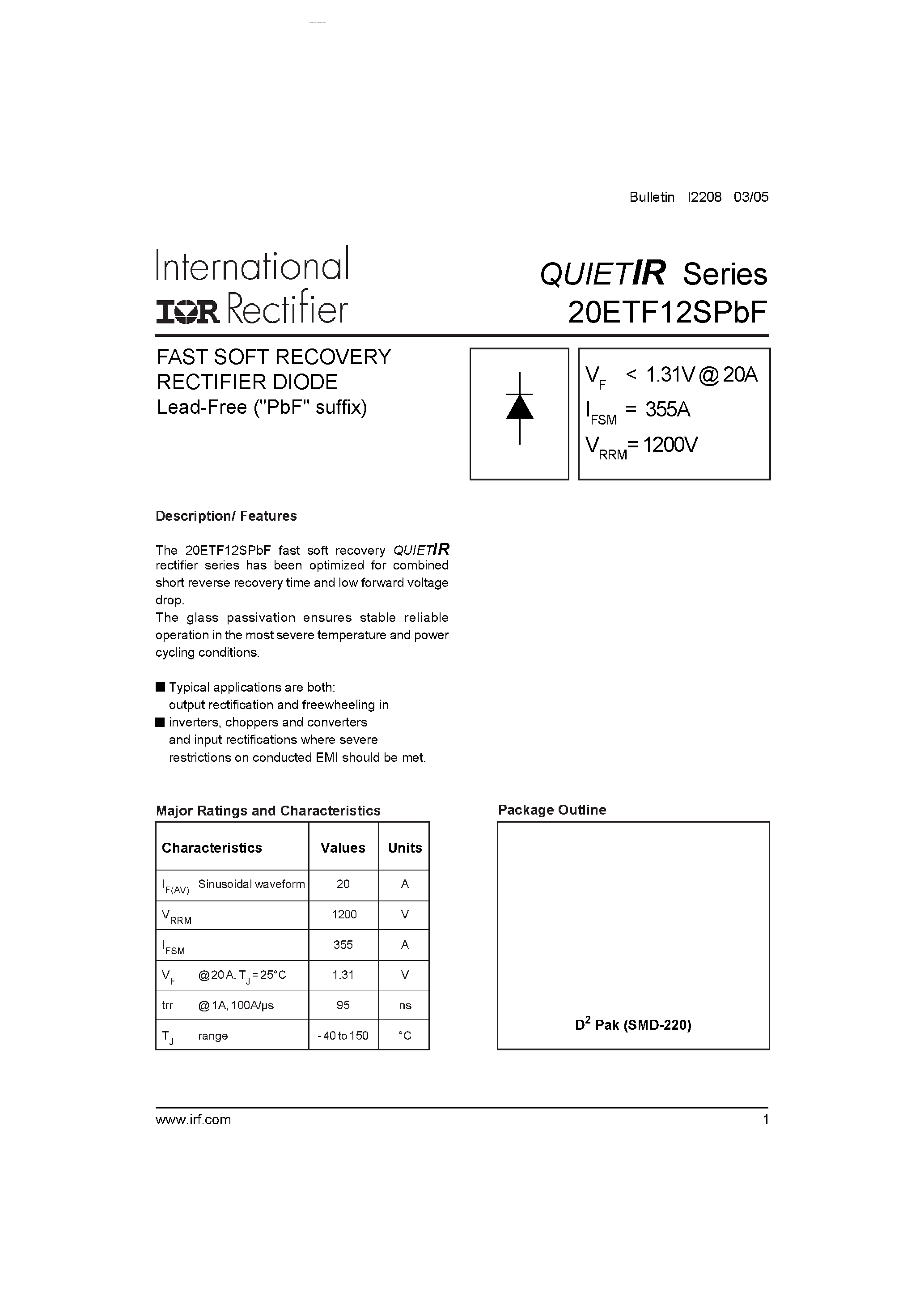 Datasheet 20ETF12SPBF - FAST SOFT RECOVERY RECTIFIER DIODE Lead-Free page 1