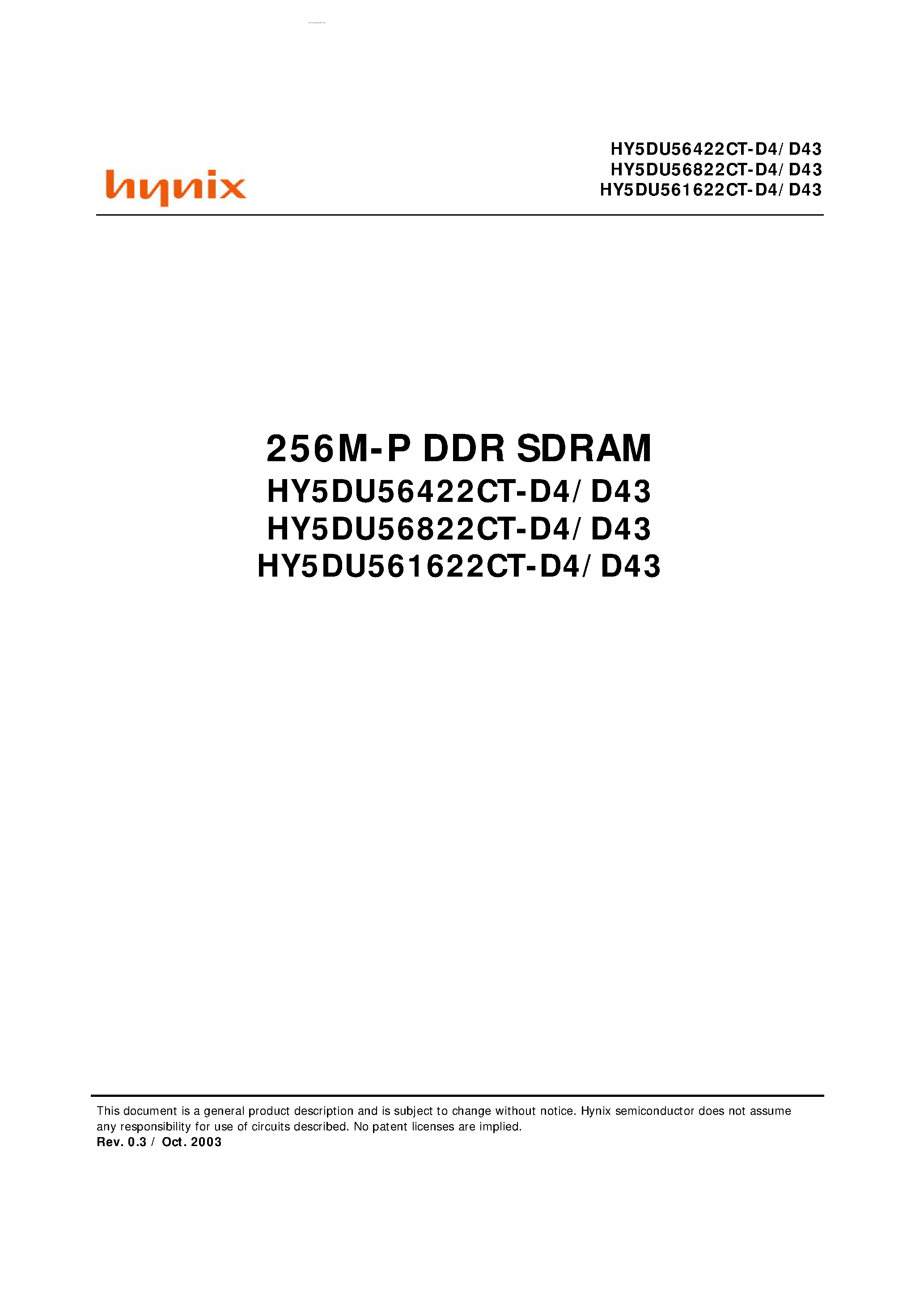Datasheet HY5DU561622CT page 1 Datasheet HY5DU561622CT - (HY5DU56xx22CT) 256M-P DDR SDRAM page 1
