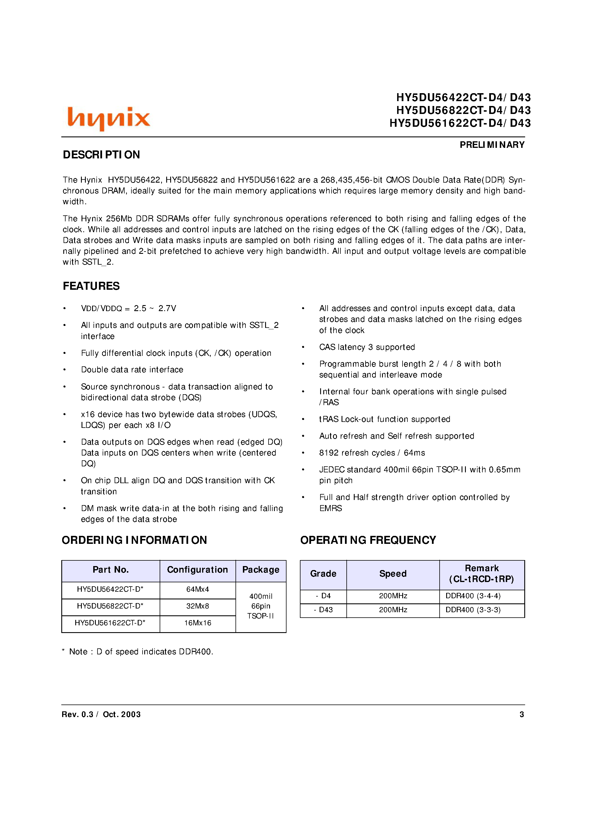 Datasheet HY5DU561622CT page 2 Datasheet HY5DU561622CT - (HY5DU56xx22CT) 256M-P DDR SDRAM page 2
