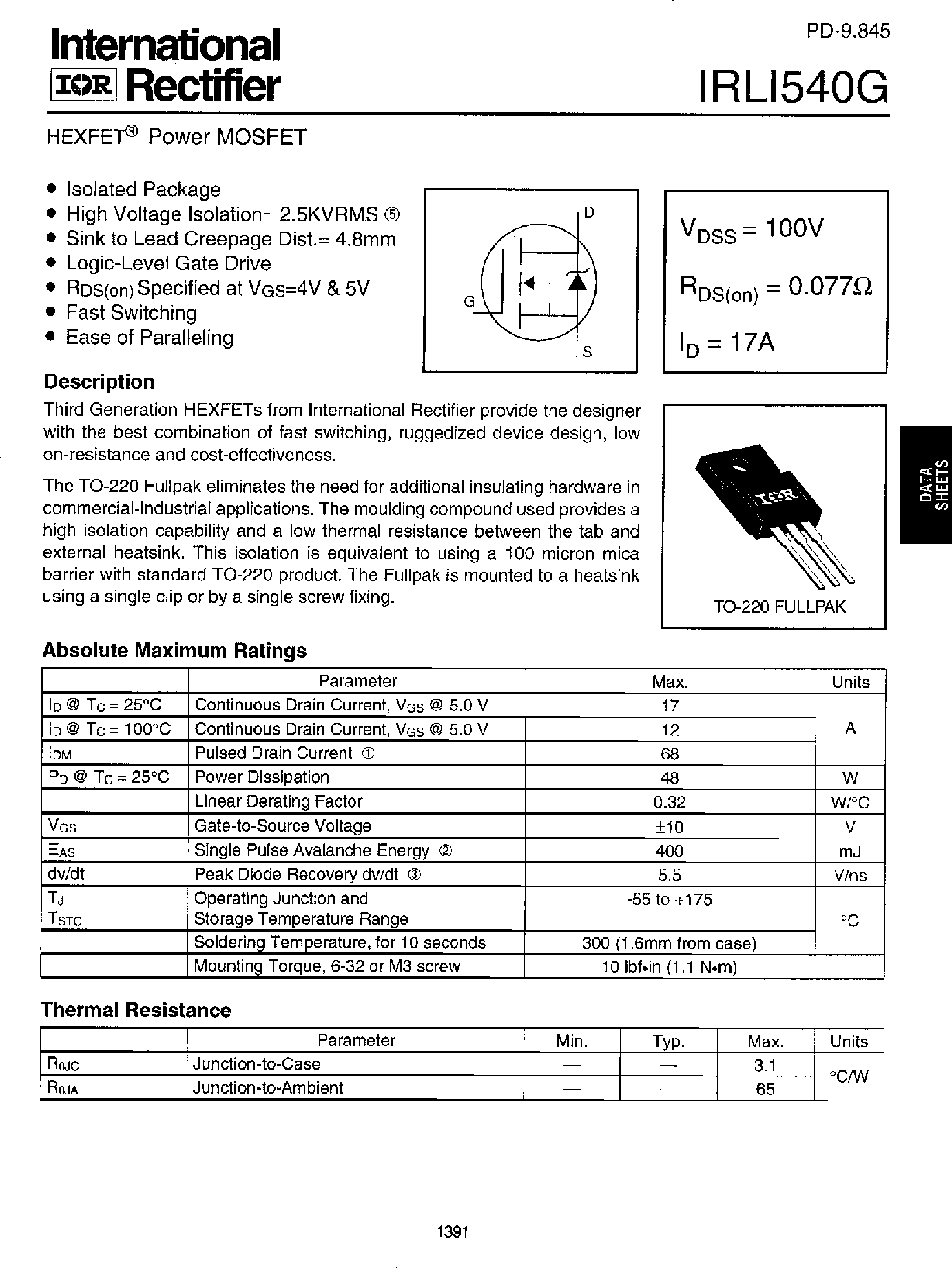 Datasheet IRLI540G page 1 Datasheet IRLI540G - HEXFET Power MOSFET page 1