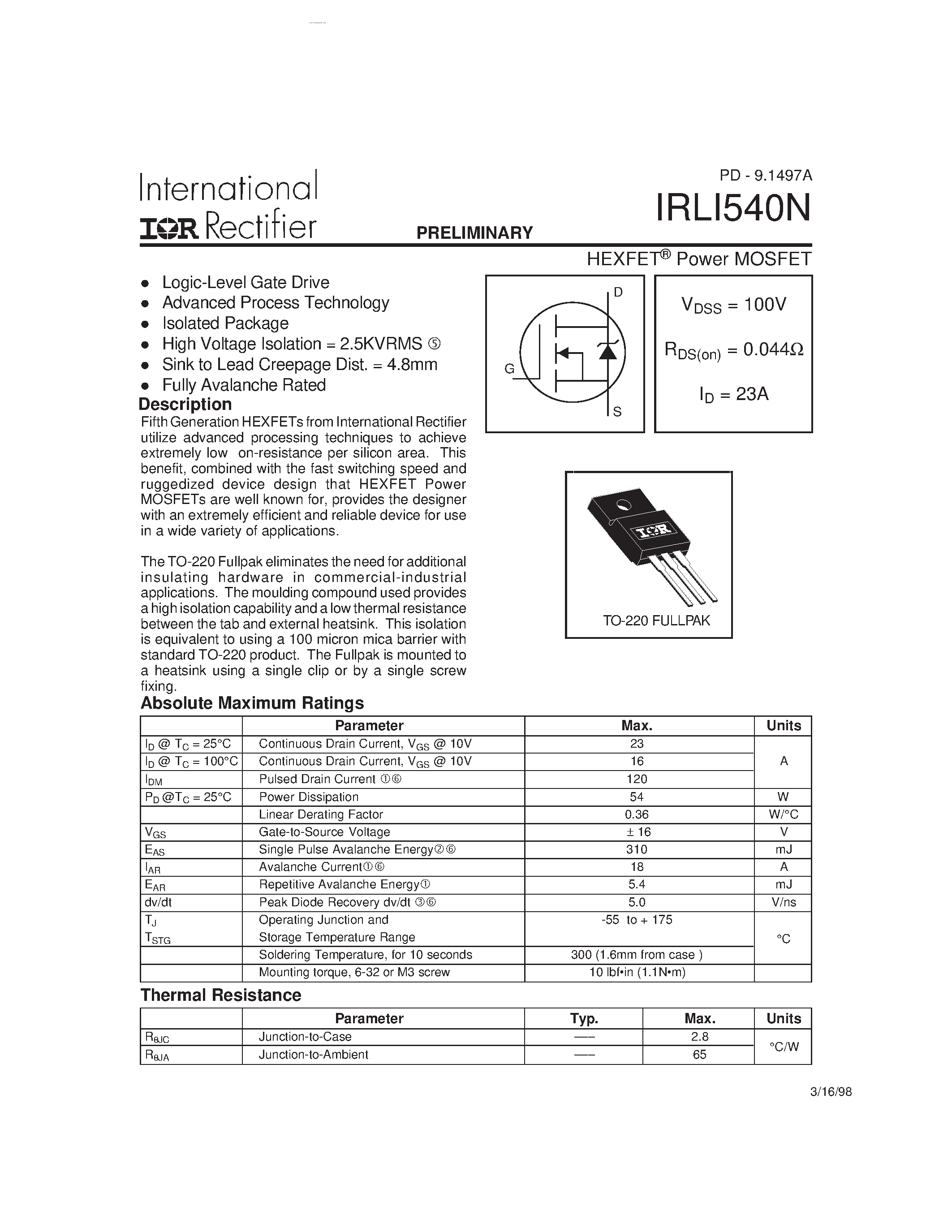 Datasheet IRLI540N - HEXFET Power MOSFET page 1