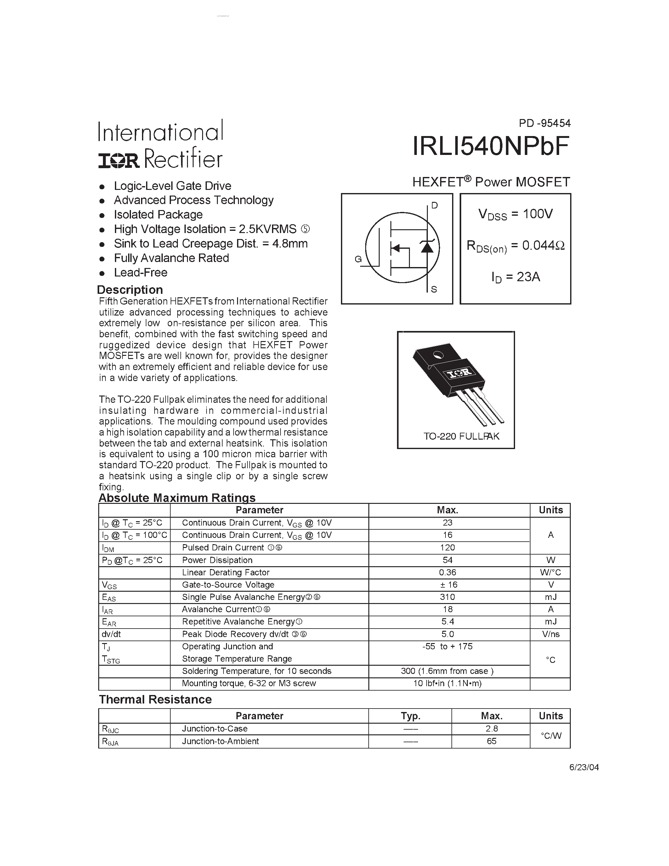 Datasheet IRLI540NPBF page 1 Datasheet IRLI540NPBF - HEXFET Power MOSFET page 1