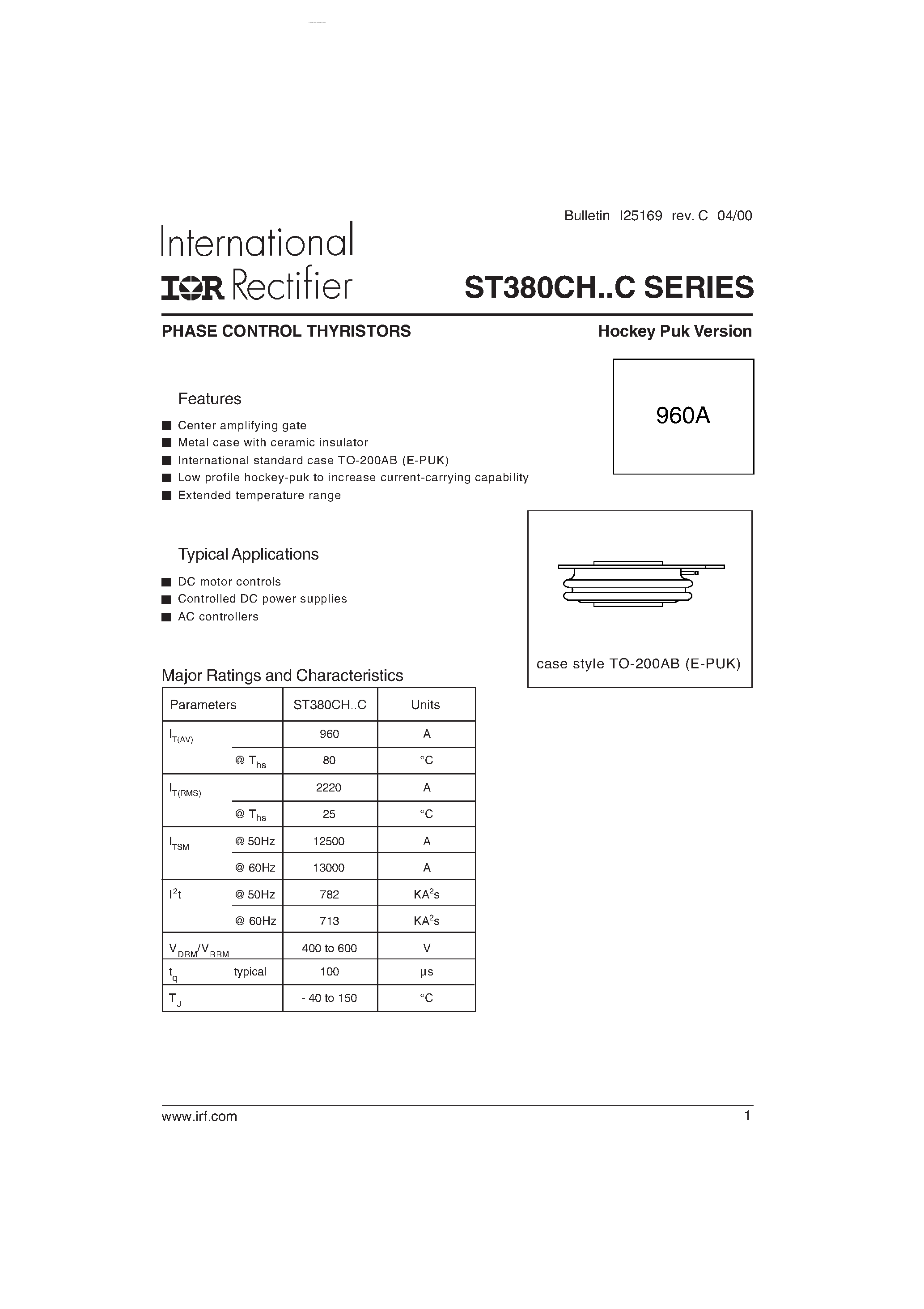 Даташит на микросхему ST380CH страница 1 Даташит ST380CH - PHASE CONTROL THYRISTORS страница 1