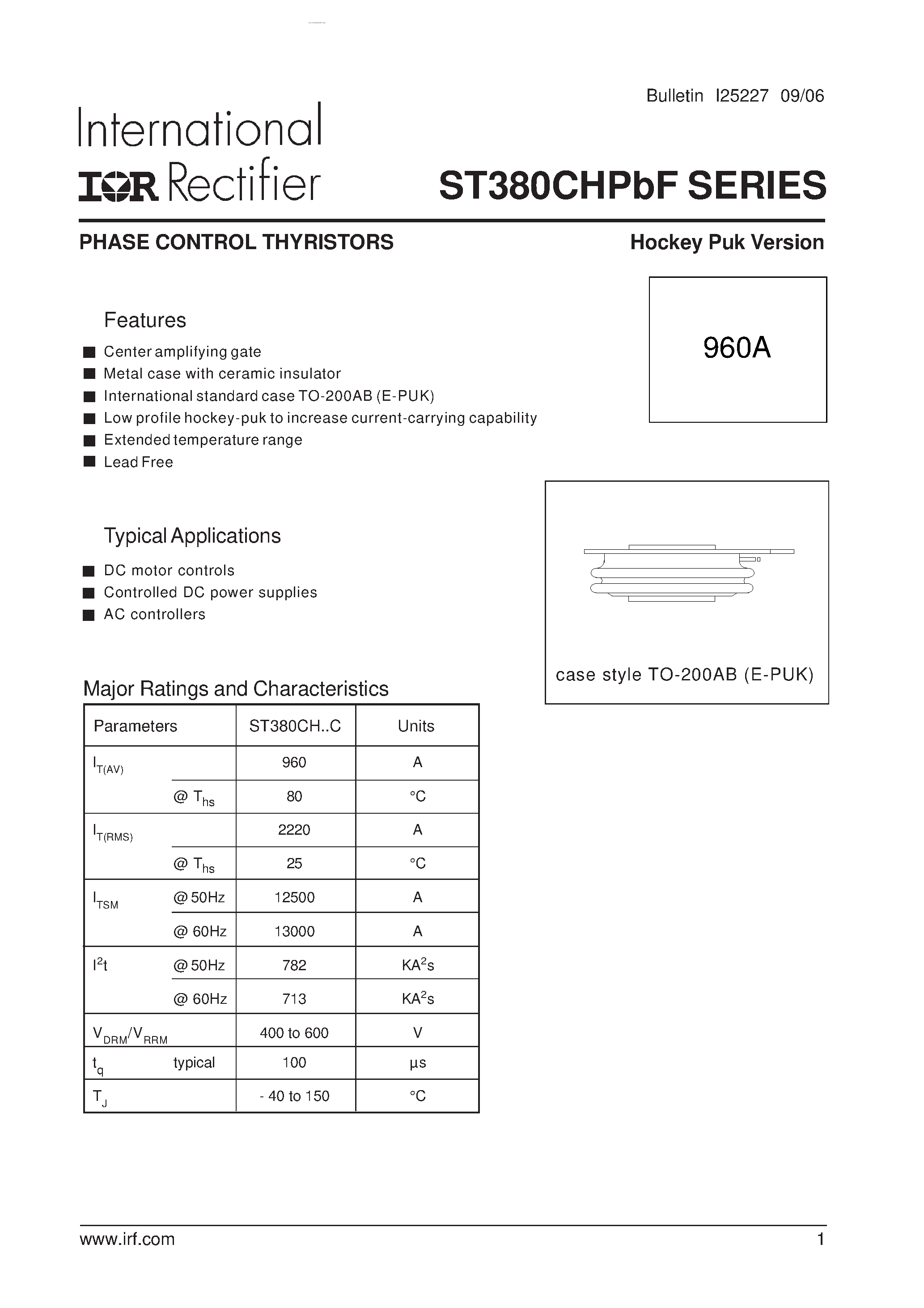 Datasheet ST380CHPBF - PHASE CONTROL THYRISTORS page 1