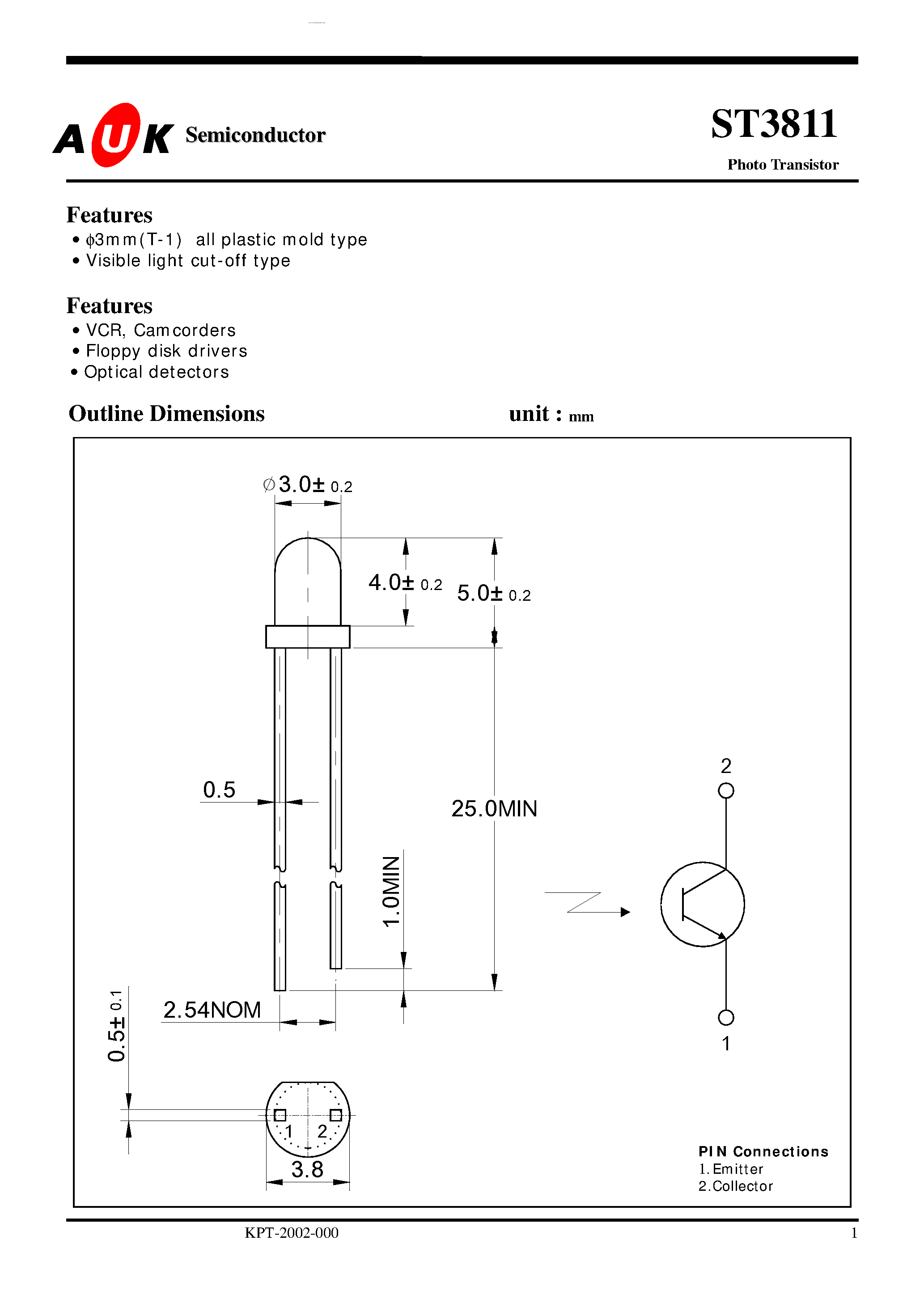 Datasheet ST3811 page 1 Datasheet ST3811 - Photo Transistor page 1
